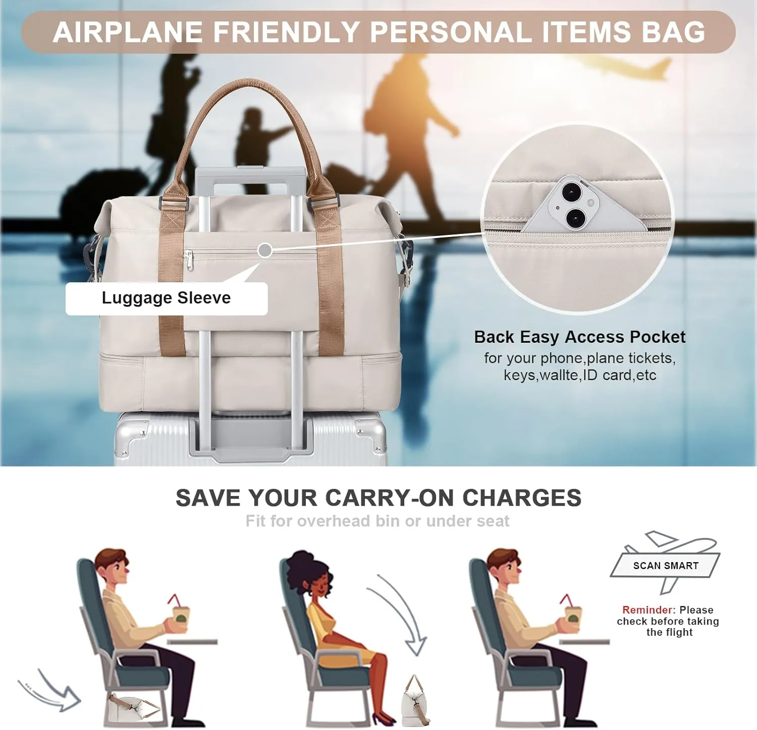 Weekender Bags for Women,Carry On Duffel Overnight Bag with Separate Toiletry Bag and Trolley Sleeve,Sports Gym Bag with Wet Pocket