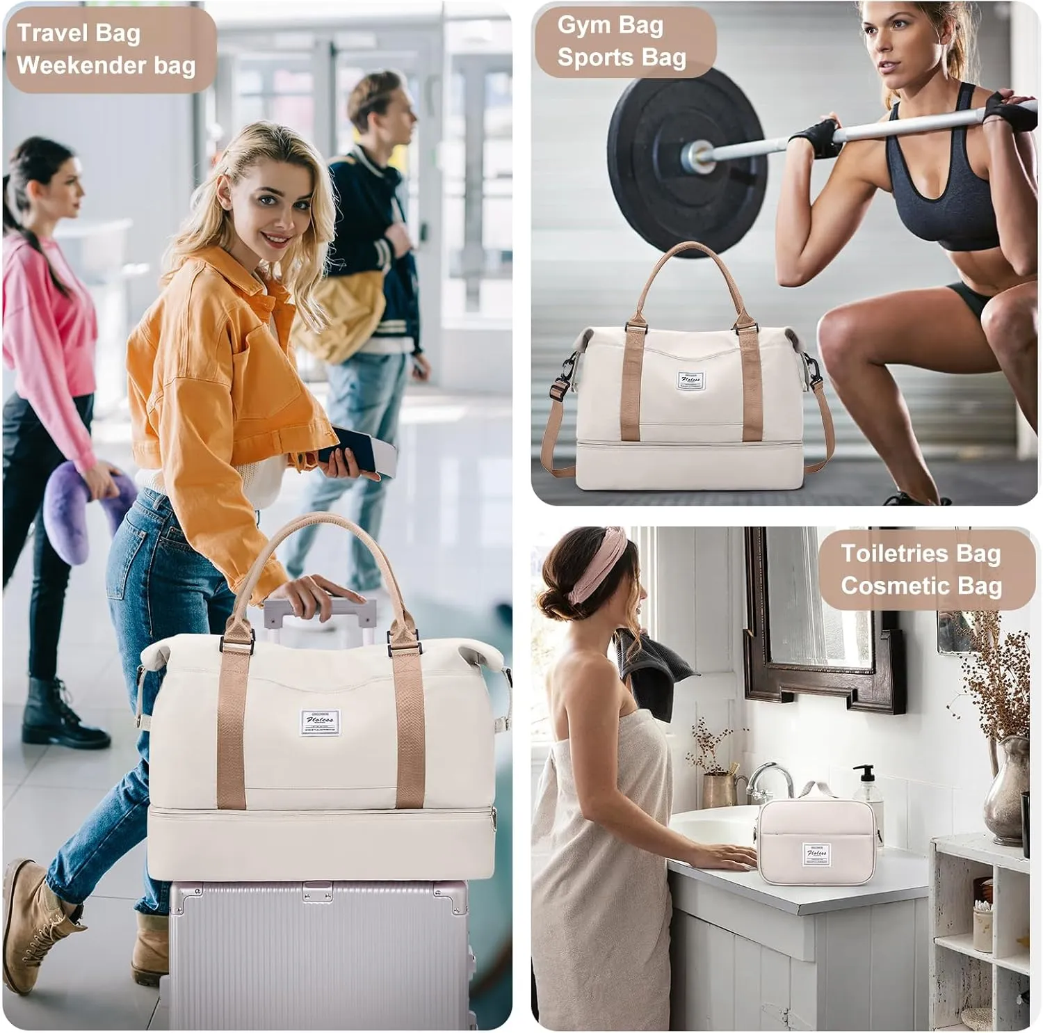 Weekender Bags for Women,Carry On Duffel Overnight Bag with Separate Toiletry Bag and Trolley Sleeve,Sports Gym Bag with Wet Pocket