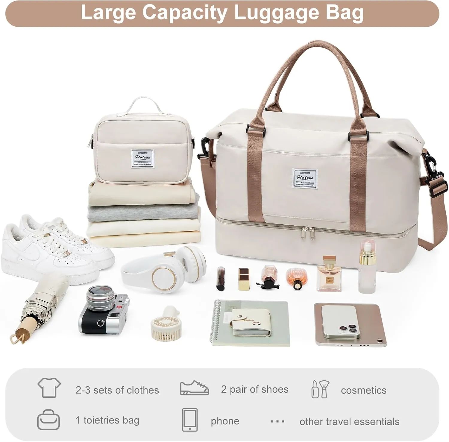Weekender Bags for Women,Carry On Duffel Overnight Bag with Separate Toiletry Bag and Trolley Sleeve,Sports Gym Bag with Wet Pocket
