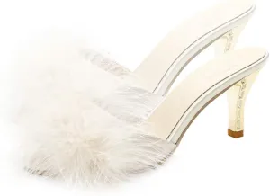 White Womens Faux Fur Kitten Heel Summer Sandals Mules Slip on Open Toe Backless Dress Sexy Low Heeled Slipper Slides Fuzzy Slippers Sandal