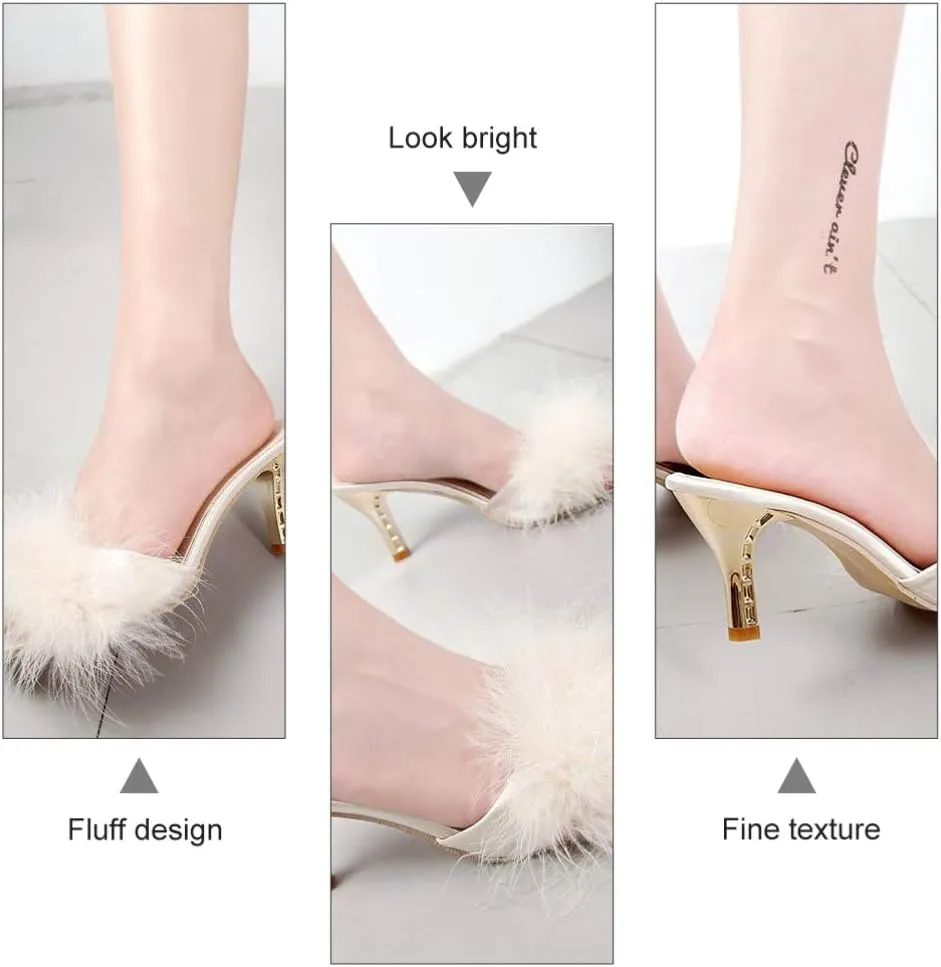 White Womens Faux Fur Kitten Heel Summer Sandals Mules Slip on Open Toe Backless Dress Sexy Low Heeled Slipper Slides Fuzzy Slippers Sandal