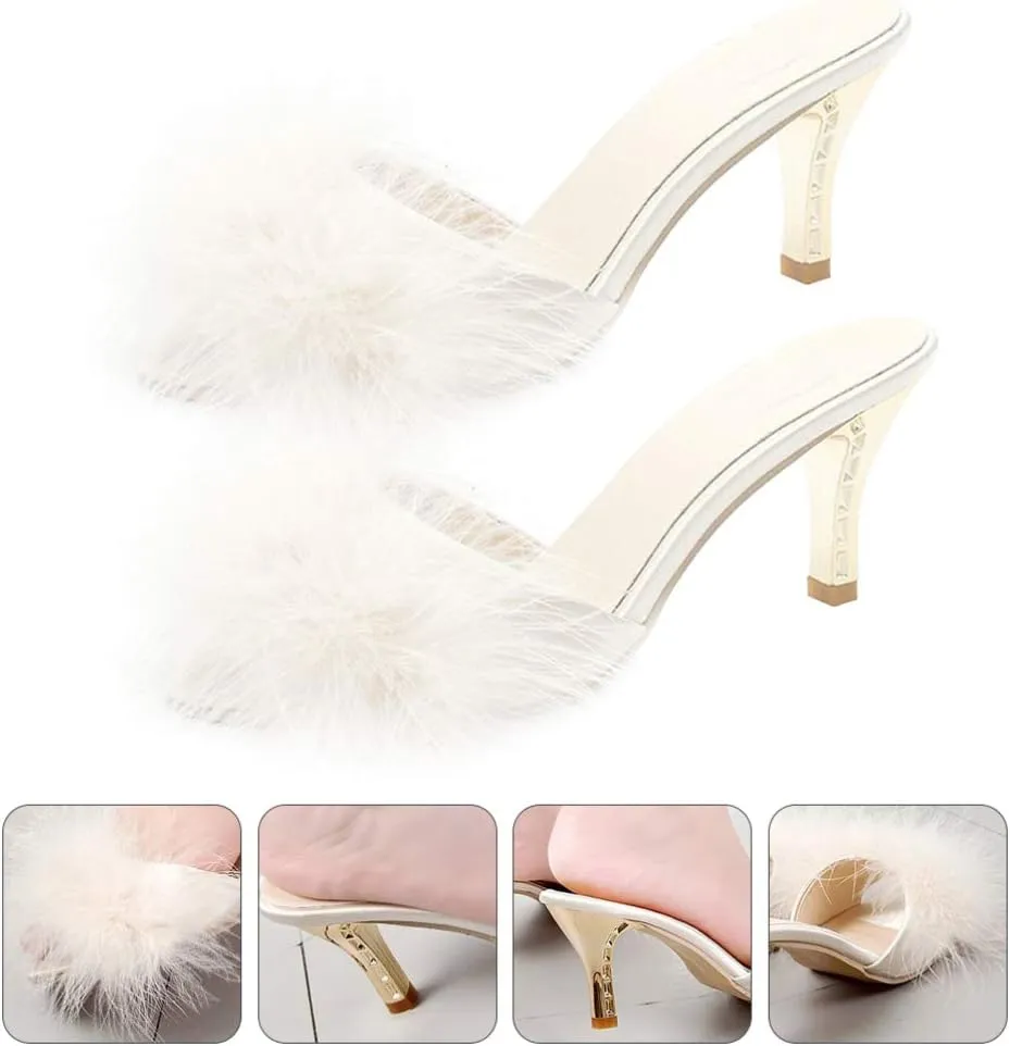 White Womens Faux Fur Kitten Heel Summer Sandals Mules Slip on Open Toe Backless Dress Sexy Low Heeled Slipper Slides Fuzzy Slippers Sandal