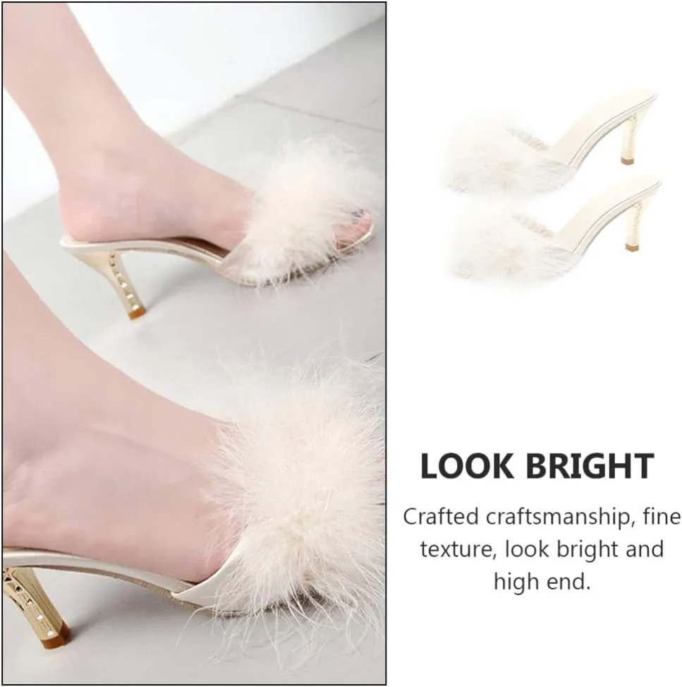White Womens Faux Fur Kitten Heel Summer Sandals Mules Slip on Open Toe Backless Dress Sexy Low Heeled Slipper Slides Fuzzy Slippers Sandal