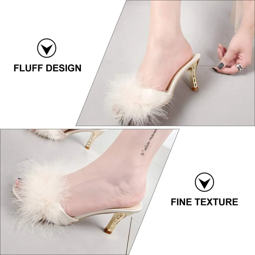 White Womens Faux Fur Kitten Heel Summer Sandals Mules Slip on Open Toe Backless Dress Sexy Low Heeled Slipper Slides Fuzzy Slippers Sandal