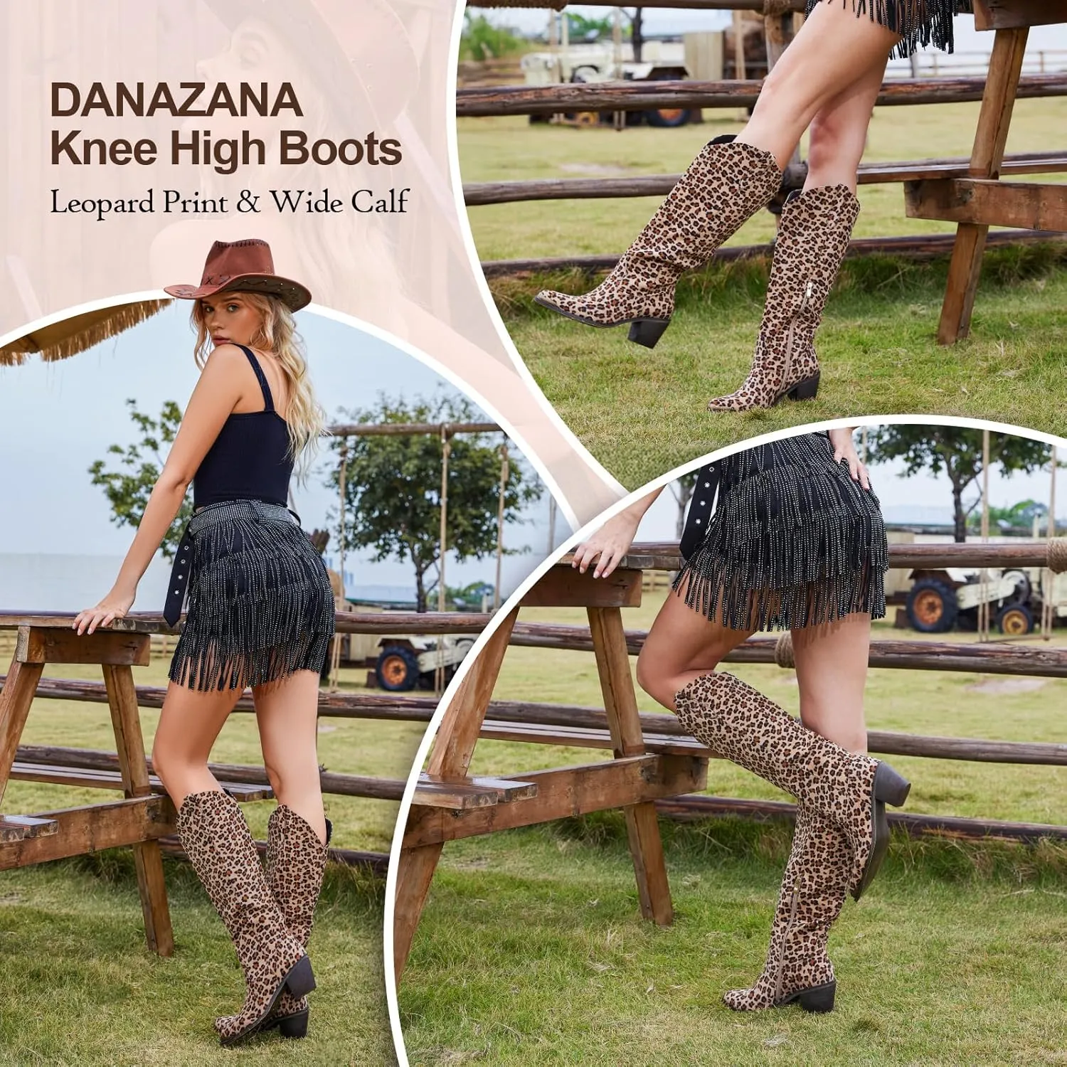 Wide Calf Cowgirl Boots For Women Knee High Cowboy Boots Pointed Toe Chunky Heel Boot Ladies Western Boots With Classic Embroidery and Side Zipper Classic Retro Country Boots For Lady Size 6-11