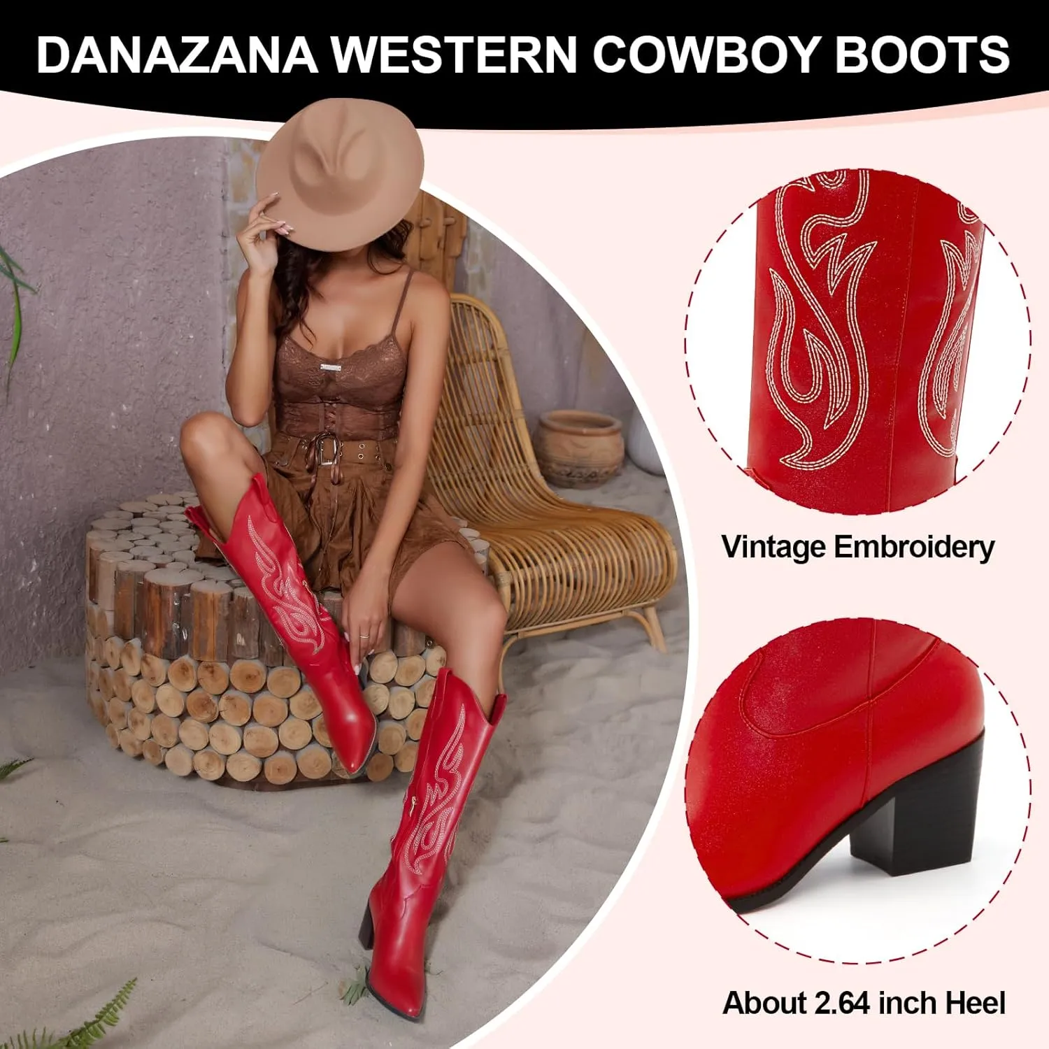 Wide Calf Cowgirl Boots For Women Knee High Cowboy Boots Pointed Toe Chunky Heel Boot Ladies Western Boots With Classic Embroidery and Side Zipper Classic Retro Country Boots For Lady Size 6-11