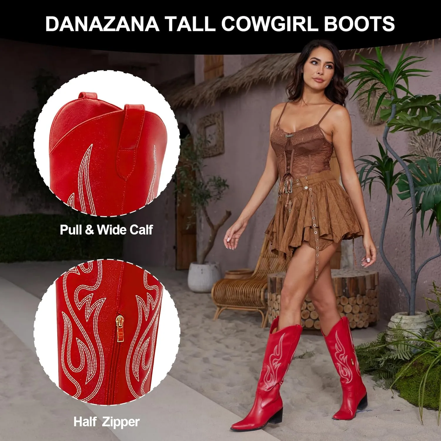 Wide Calf Cowgirl Boots For Women Knee High Cowboy Boots Pointed Toe Chunky Heel Boot Ladies Western Boots With Classic Embroidery and Side Zipper Classic Retro Country Boots For Lady Size 6-11