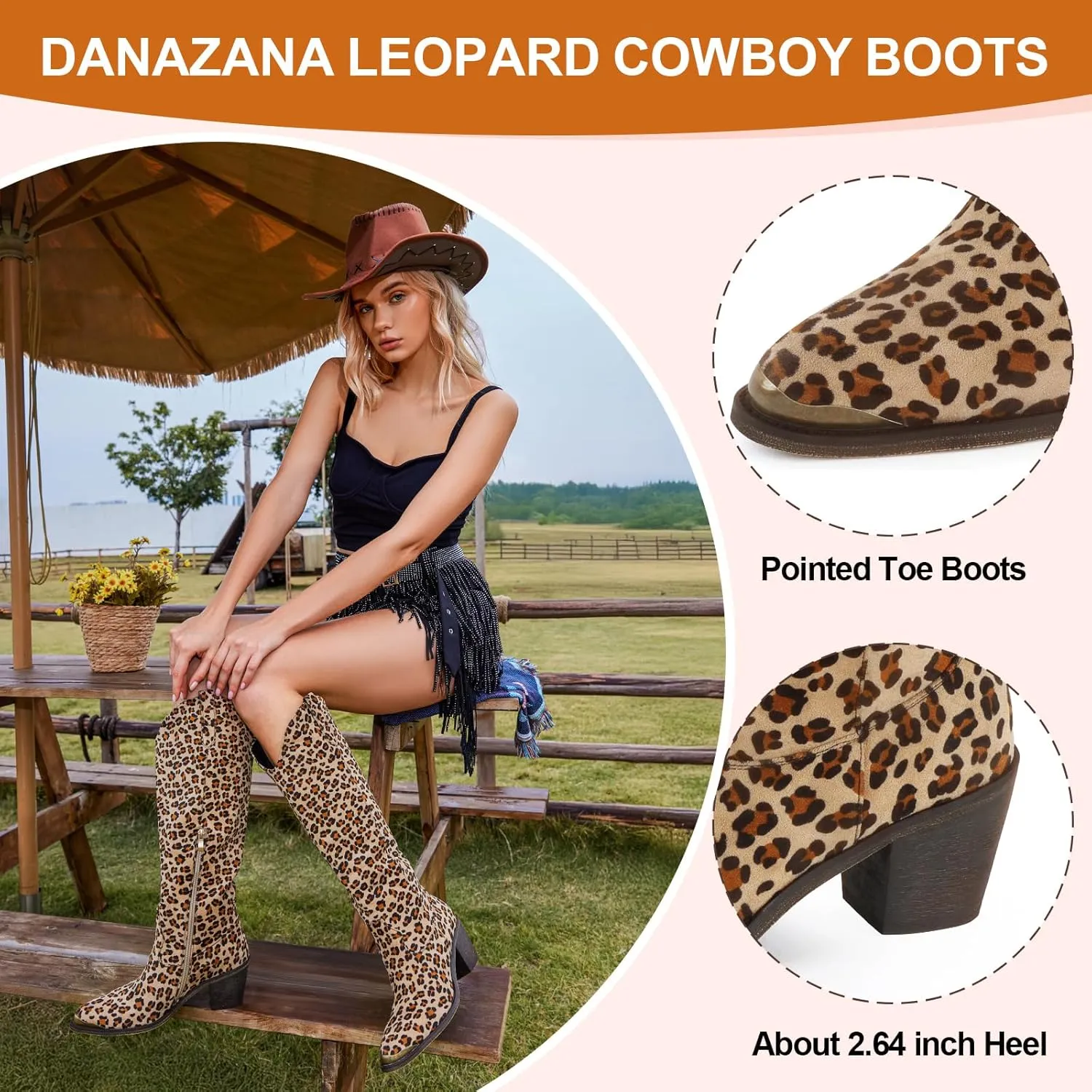 Wide Calf Cowgirl Boots For Women Knee High Cowboy Boots Pointed Toe Chunky Heel Boot Ladies Western Boots With Classic Embroidery and Side Zipper Classic Retro Country Boots For Lady Size 6-11