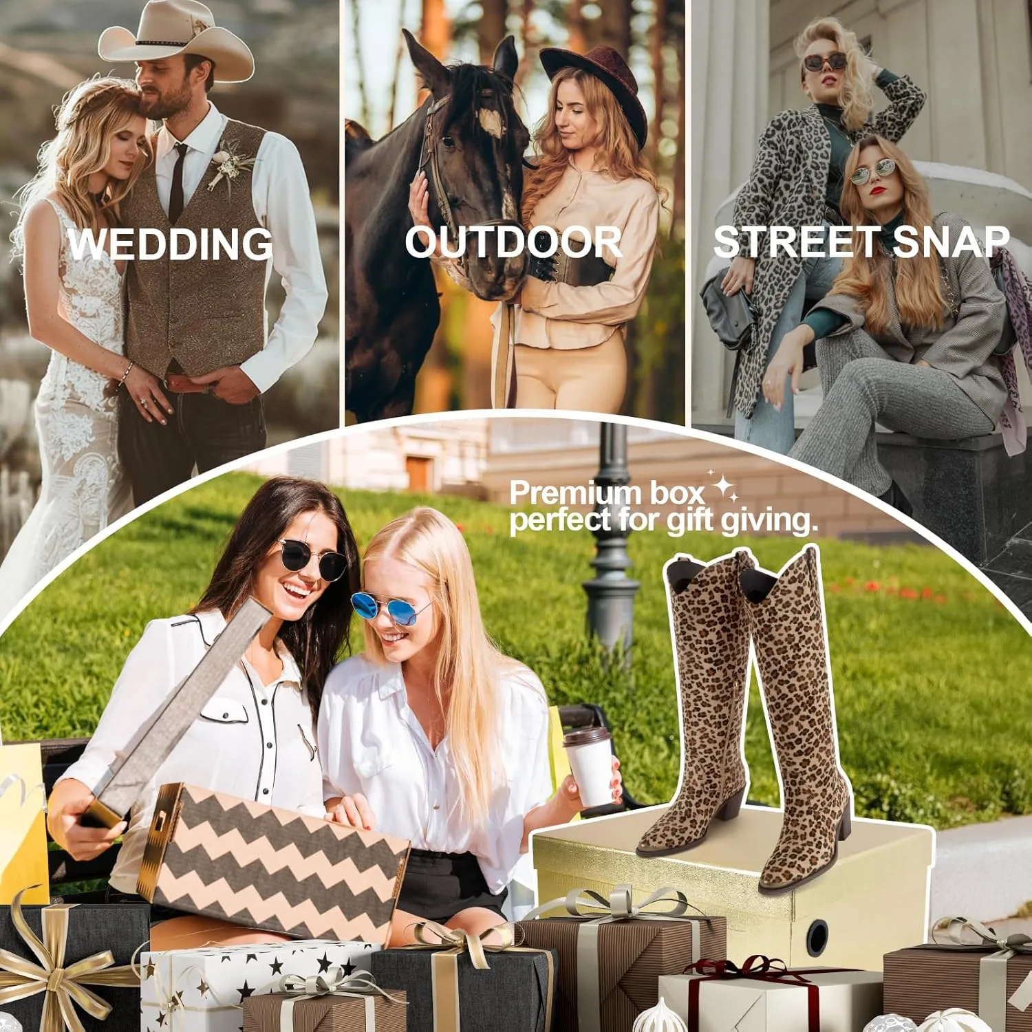 Wide Calf Cowgirl Boots For Women Knee High Cowboy Boots Pointed Toe Chunky Heel Boot Ladies Western Boots With Classic Embroidery and Side Zipper Classic Retro Country Boots For Lady Size 6-11