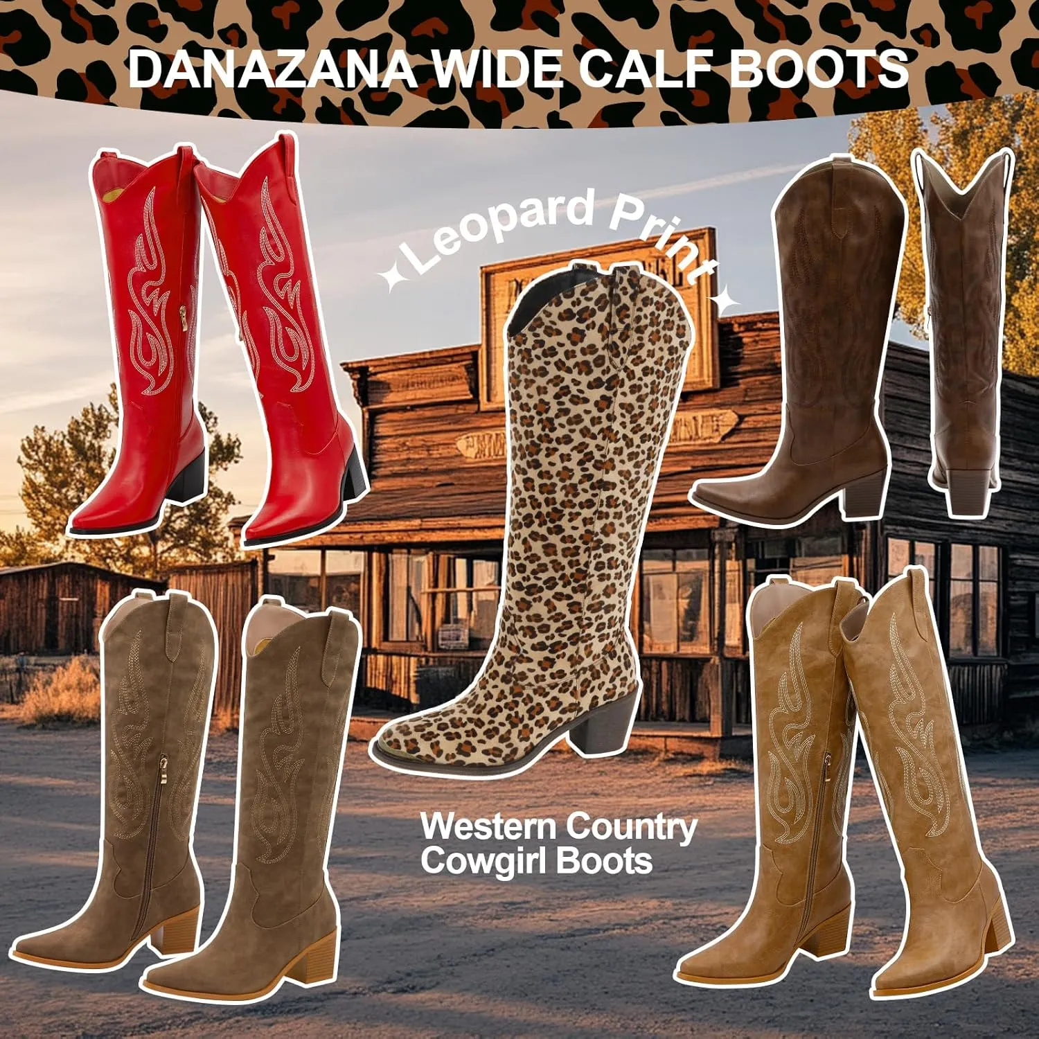 Wide Calf Cowgirl Boots For Women Knee High Cowboy Boots Pointed Toe Chunky Heel Boot Ladies Western Boots With Classic Embroidery and Side Zipper Classic Retro Country Boots For Lady Size 6-11