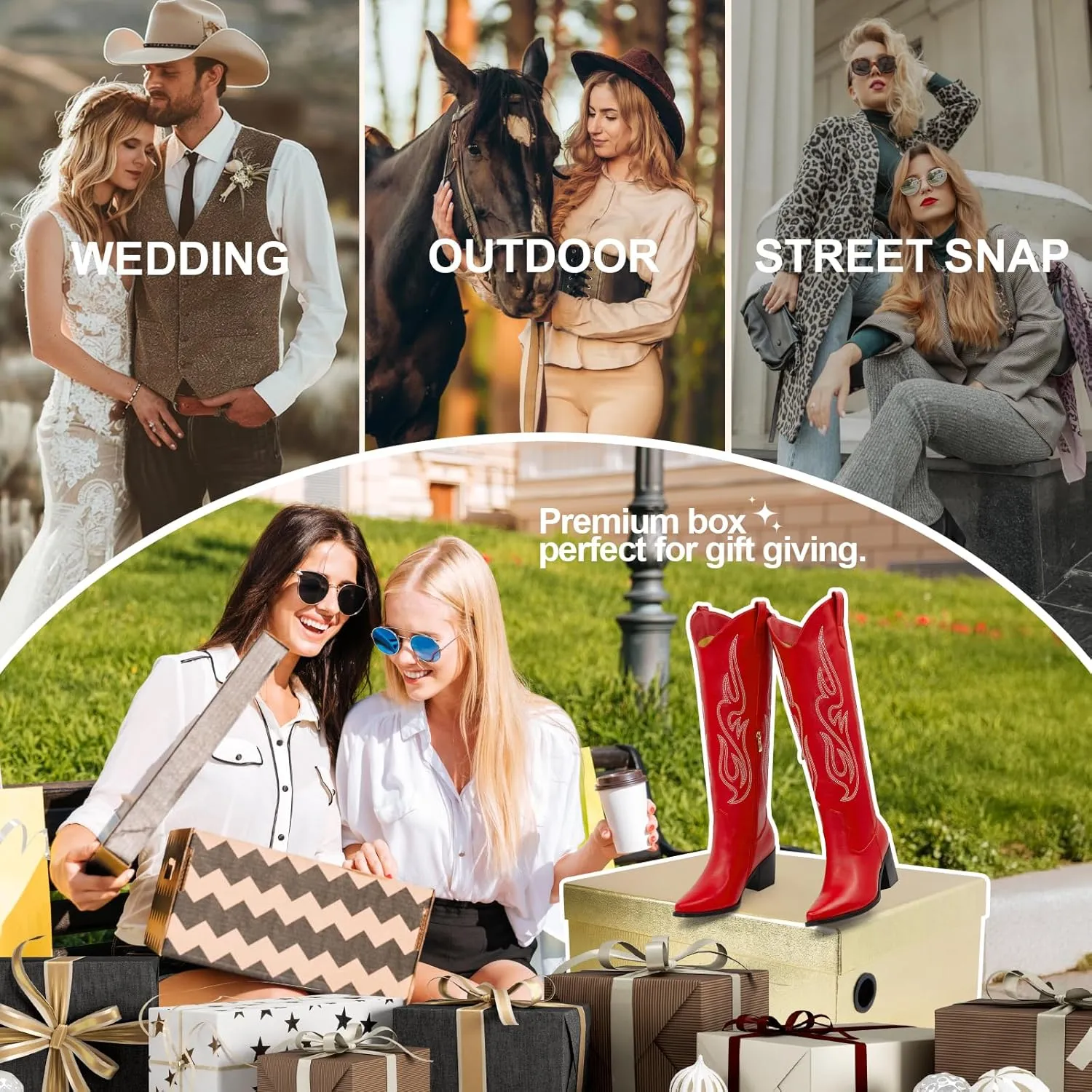 Wide Calf Cowgirl Boots For Women Knee High Cowboy Boots Pointed Toe Chunky Heel Boot Ladies Western Boots With Classic Embroidery and Side Zipper Classic Retro Country Boots For Lady Size 6-11