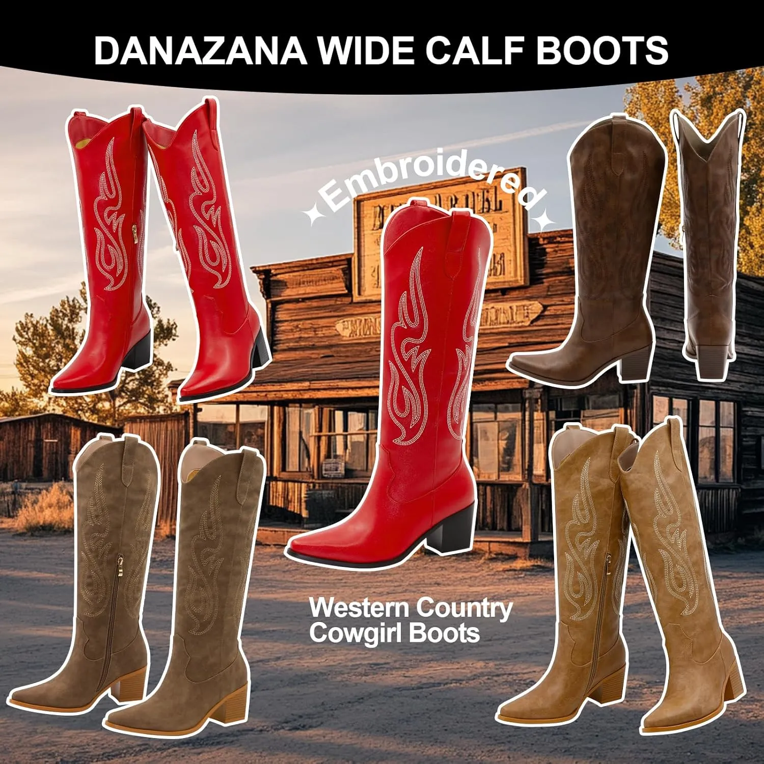 Wide Calf Cowgirl Boots For Women Knee High Cowboy Boots Pointed Toe Chunky Heel Boot Ladies Western Boots With Classic Embroidery and Side Zipper Classic Retro Country Boots For Lady Size 6-11