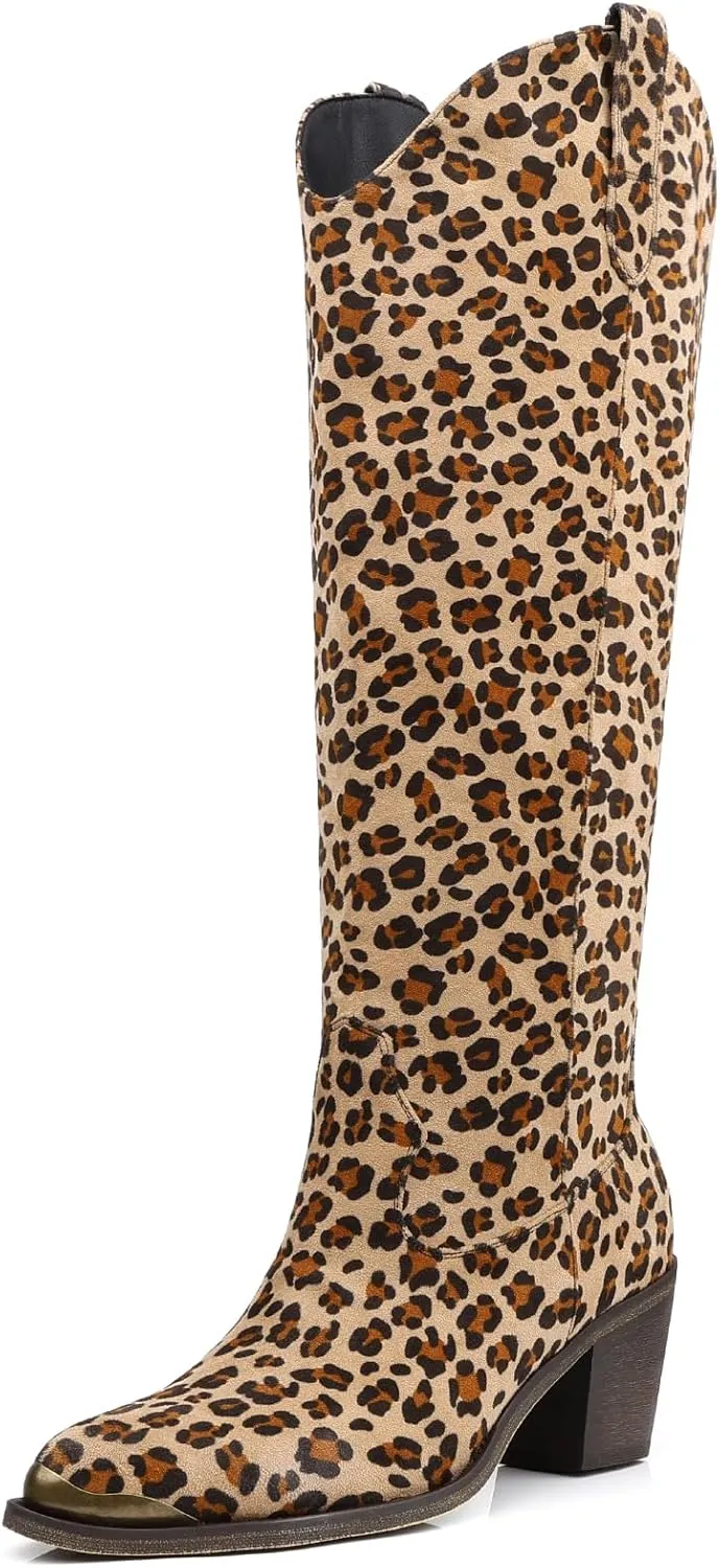Wide Calf Cowgirl Boots For Women Knee High Cowboy Boots Pointed Toe Chunky Heel Boot Ladies Western Boots With Classic Embroidery and Side Zipper Classic Retro Country Boots For Lady Size 6-11