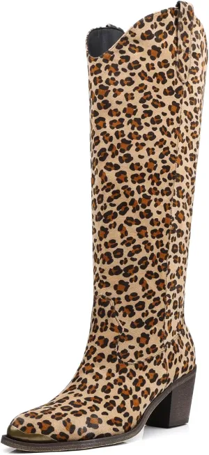 Wide Calf Cowgirl Boots For Women Knee High Cowboy Boots Pointed Toe Chunky Heel Boot Ladies Western Boots With Classic Embroidery and Side Zipper Classic Retro Country Boots For Lady Size 6-11
