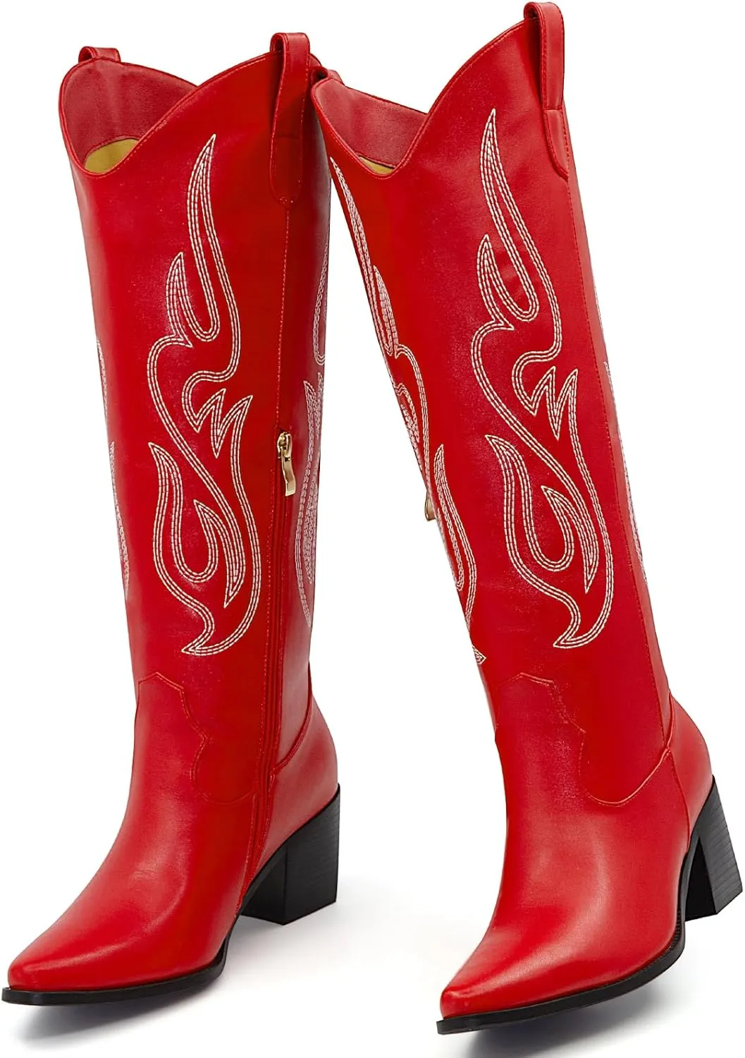 Wide Calf Cowgirl Boots For Women Knee High Cowboy Boots Pointed Toe Chunky Heel Boot Ladies Western Boots With Classic Embroidery and Side Zipper Classic Retro Country Boots For Lady Size 6-11