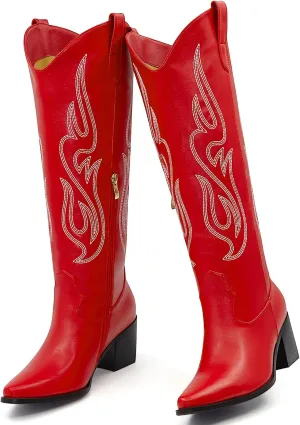 Wide Calf Cowgirl Boots For Women Knee High Cowboy Boots Pointed Toe Chunky Heel Boot Ladies Western Boots With Classic Embroidery and Side Zipper Classic Retro Country Boots For Lady Size 6-11
