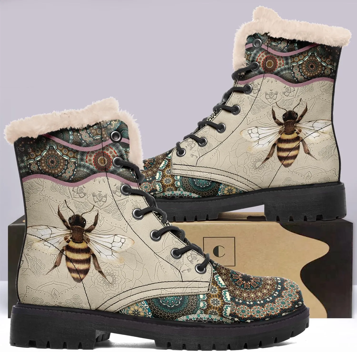 Winter Boots for Women, Custom Christmas Boots Santa Claus Print Ladies Fur Lined Lace up Ankle Boots Comfortable Warm Winter Snow Shoes Outdoor Christmas Gift