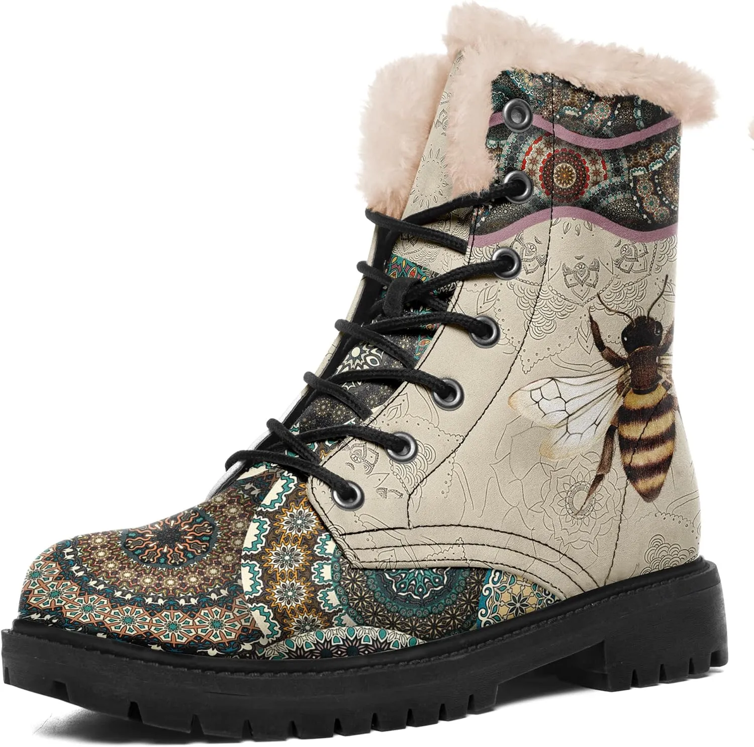 Winter Boots for Women, Custom Christmas Boots Santa Claus Print Ladies Fur Lined Lace up Ankle Boots Comfortable Warm Winter Snow Shoes Outdoor Christmas Gift