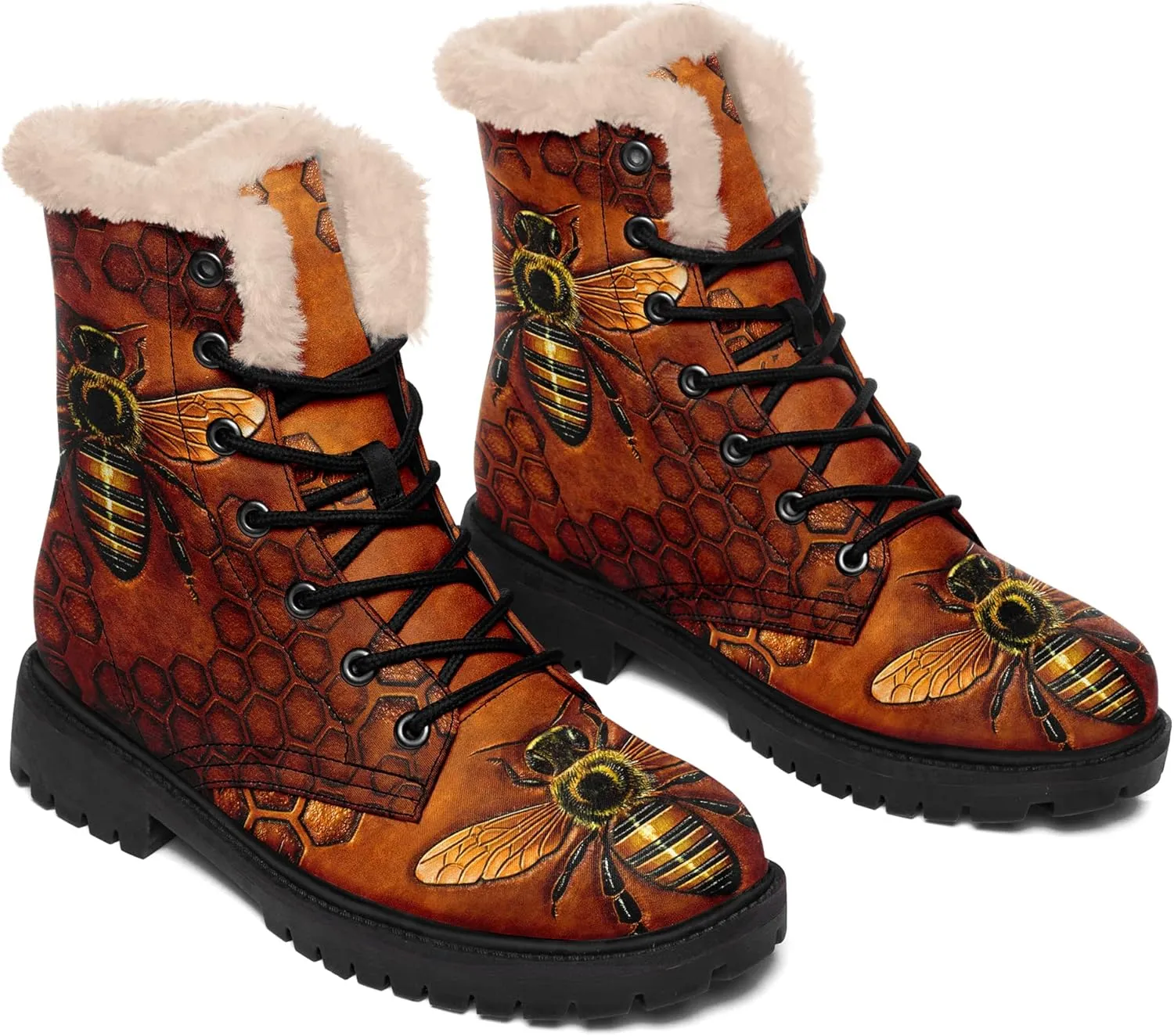 Winter Boots for Women, Custom Christmas Boots Santa Claus Print Ladies Fur Lined Lace up Ankle Boots Comfortable Warm Winter Snow Shoes Outdoor Christmas Gift