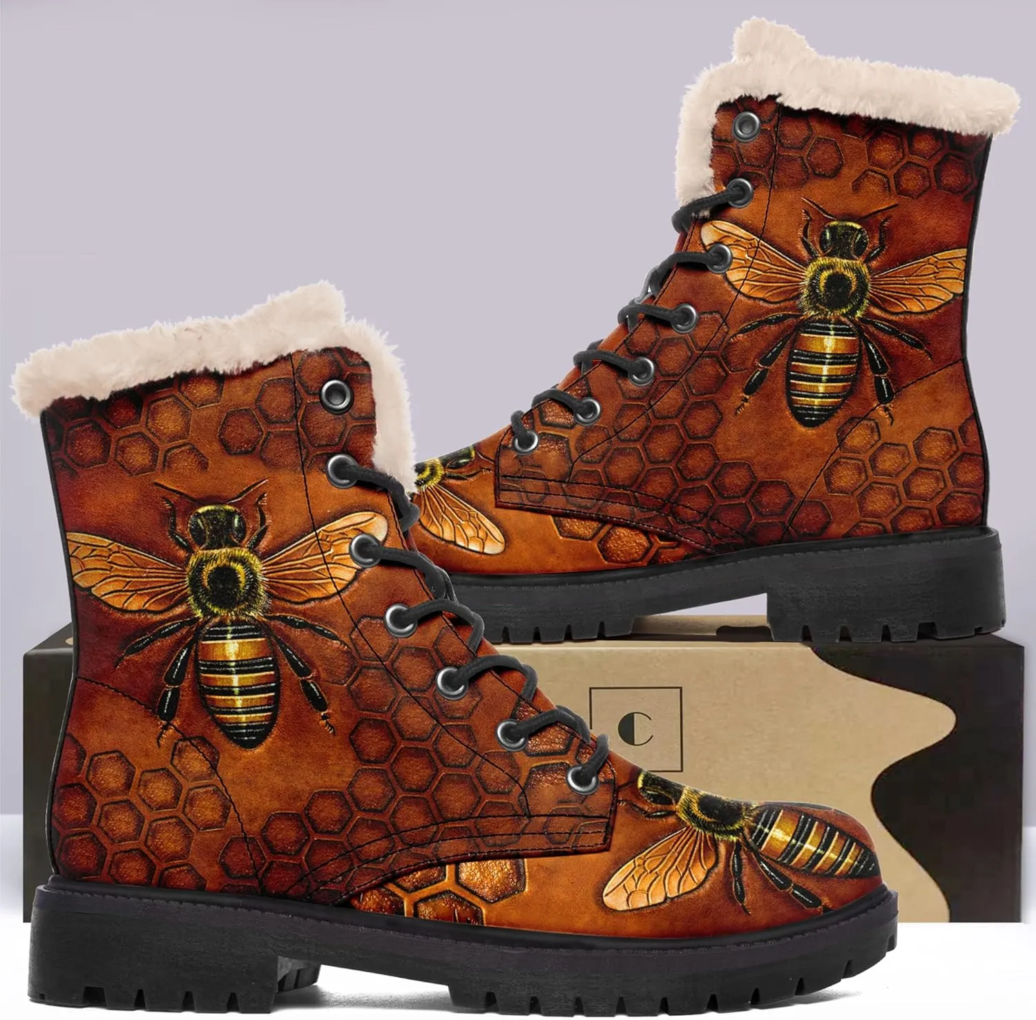 Winter Boots for Women, Custom Christmas Boots Santa Claus Print Ladies Fur Lined Lace up Ankle Boots Comfortable Warm Winter Snow Shoes Outdoor Christmas Gift