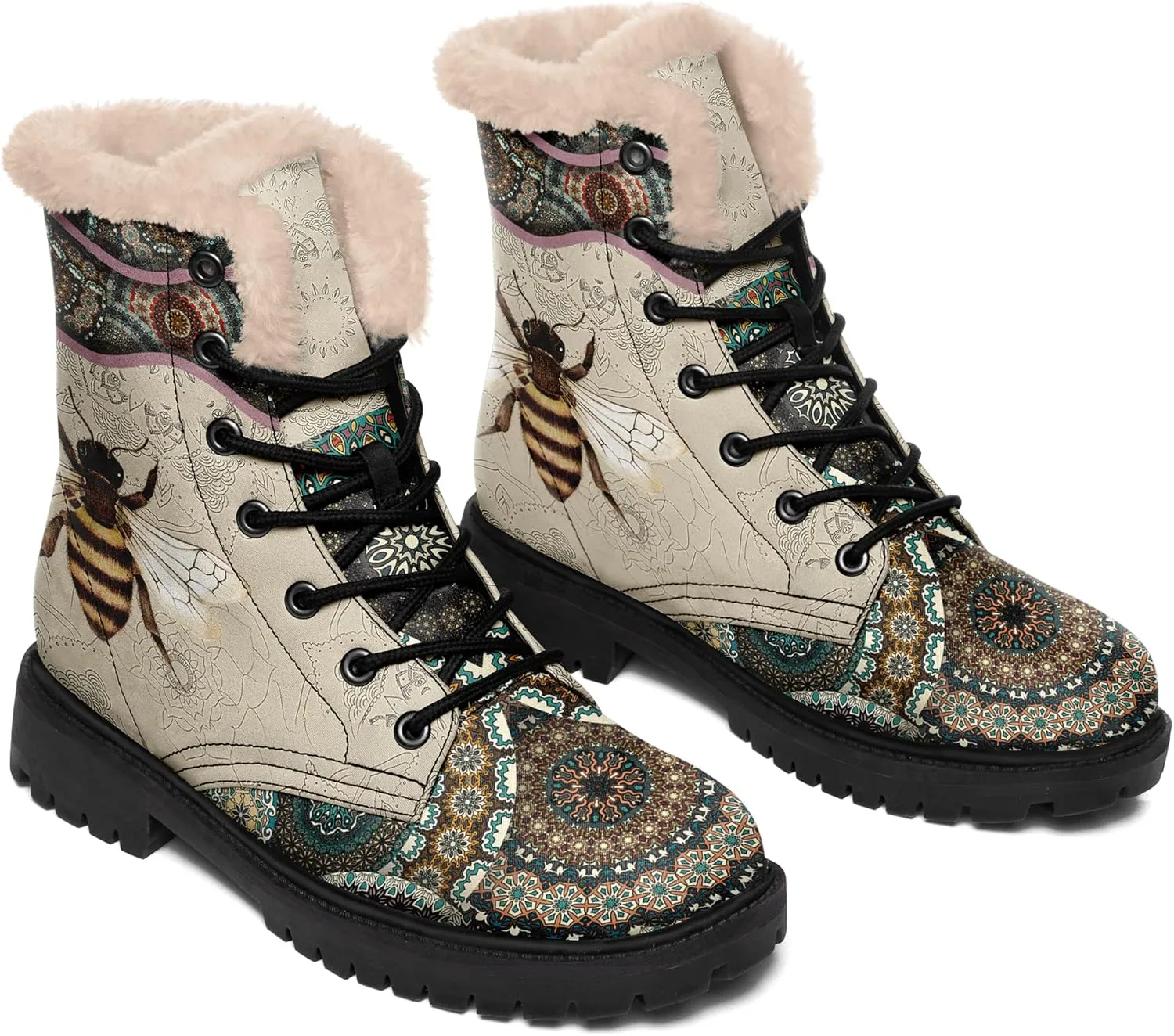 Winter Boots for Women, Custom Christmas Boots Santa Claus Print Ladies Fur Lined Lace up Ankle Boots Comfortable Warm Winter Snow Shoes Outdoor Christmas Gift
