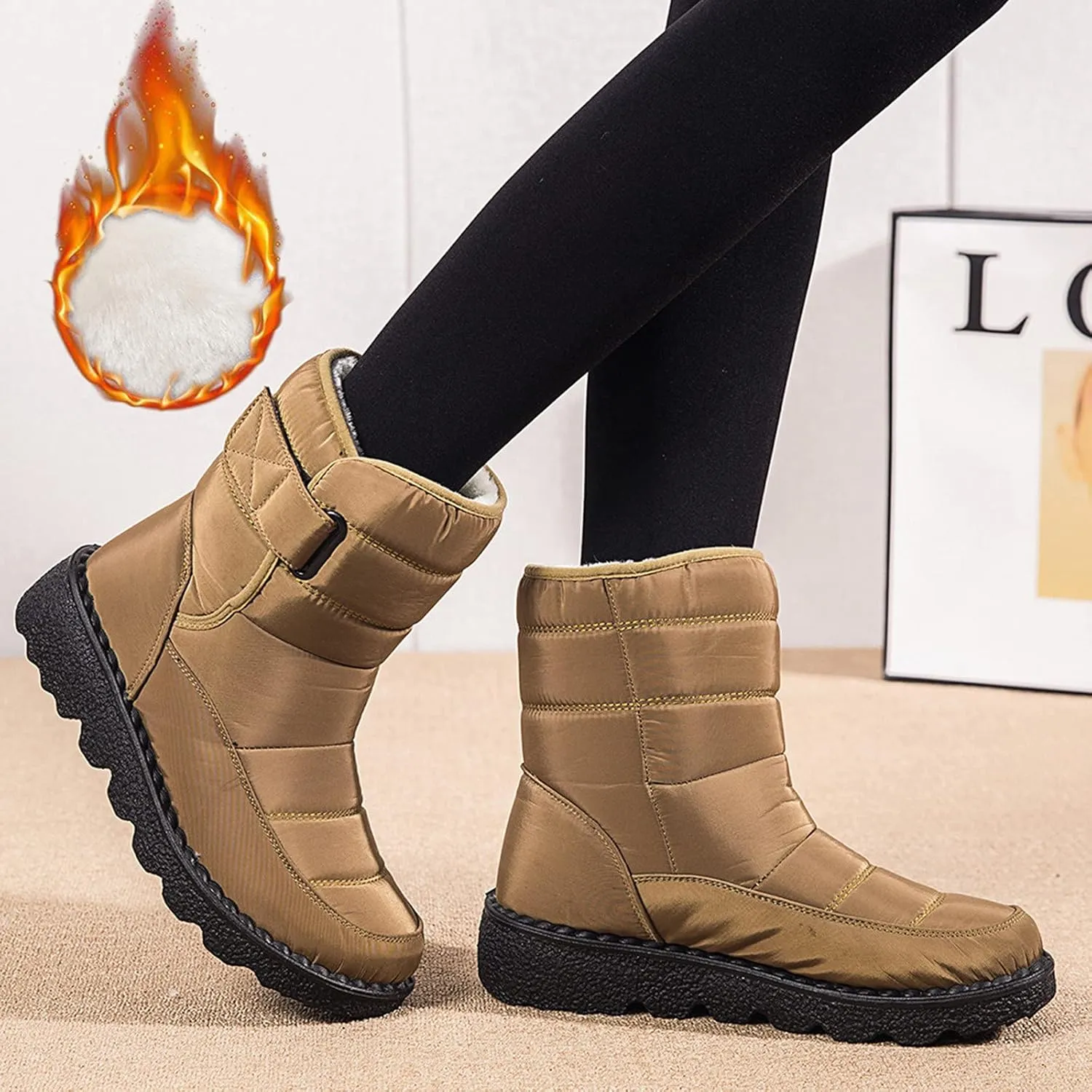 Winter Snow Boots for Women Water-proof Thermal Fleece Lined Anti Slip Mid Calf Boots for Ladies Platform Wedge Booties Warm Fuzzy Ankle Booties Outdoor Work Short Boots with Buckle