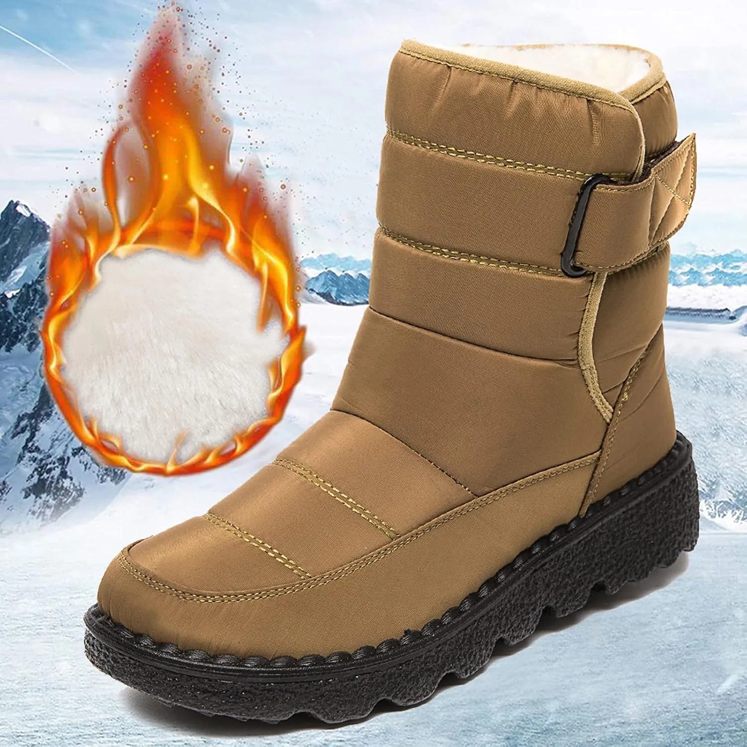 Winter Snow Boots for Women Water-proof Thermal Fleece Lined Anti Slip Mid Calf Boots for Ladies Platform Wedge Booties Warm Fuzzy Ankle Booties Outdoor Work Short Boots with Buckle
