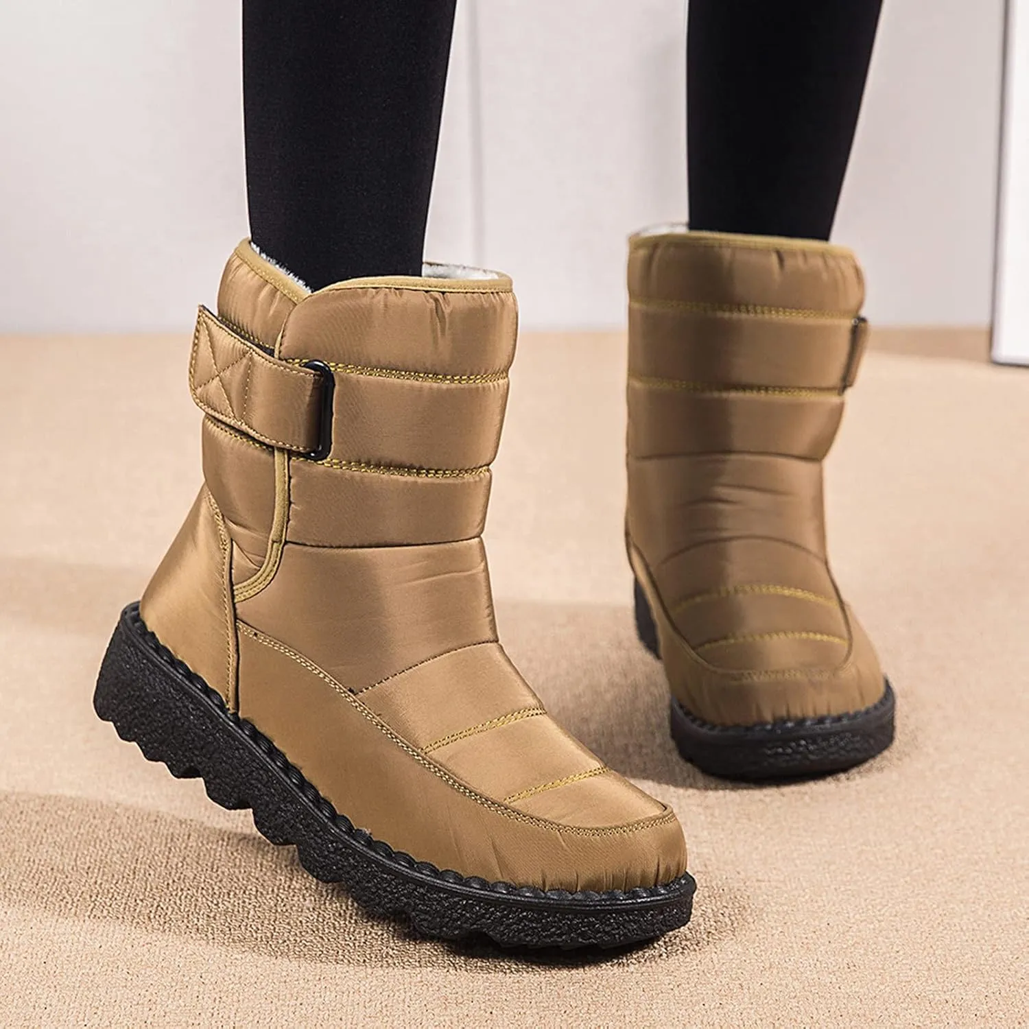 Winter Snow Boots for Women Water-proof Thermal Fleece Lined Anti Slip Mid Calf Boots for Ladies Platform Wedge Booties Warm Fuzzy Ankle Booties Outdoor Work Short Boots with Buckle
