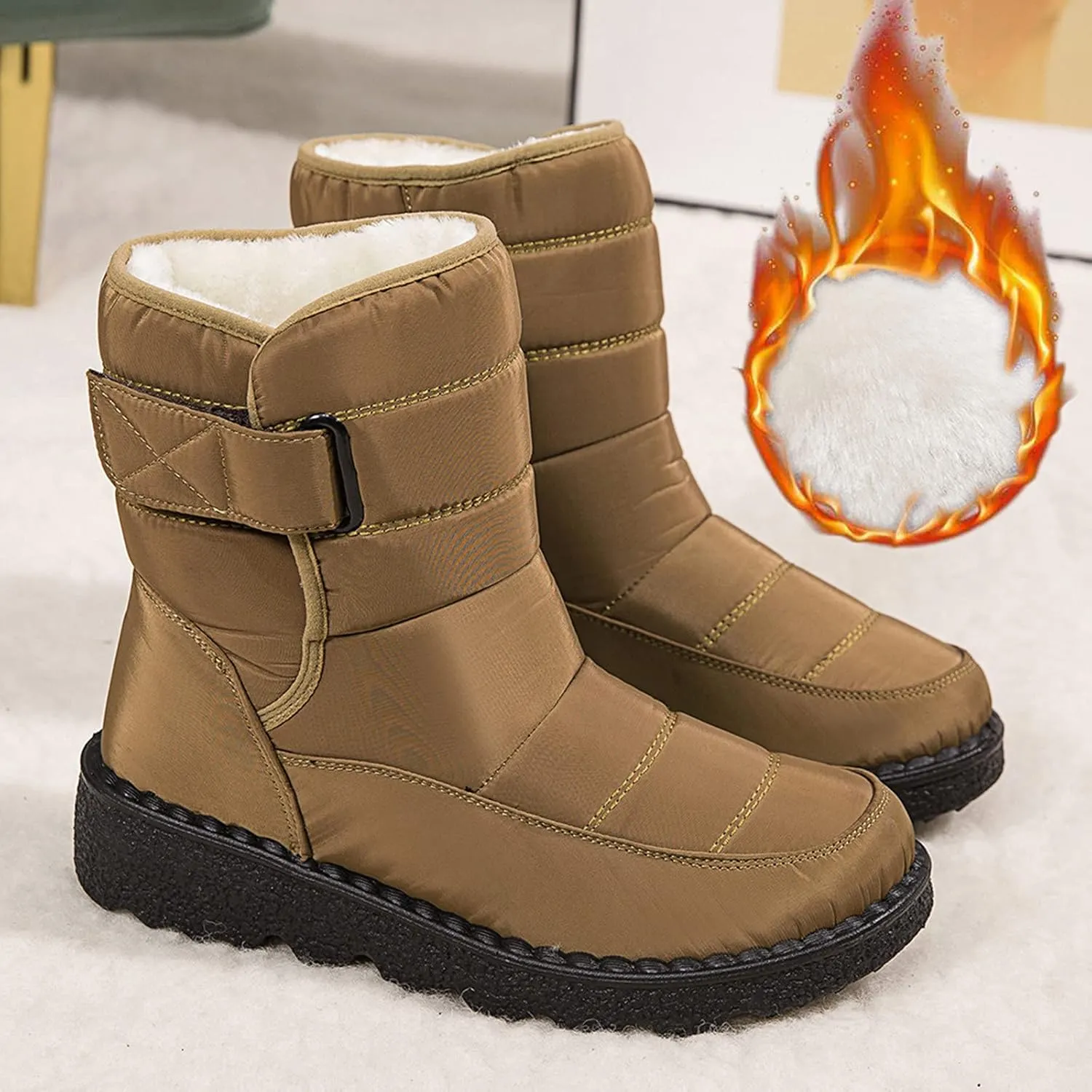 Winter Snow Boots for Women Water-proof Thermal Fleece Lined Anti Slip Mid Calf Boots for Ladies Platform Wedge Booties Warm Fuzzy Ankle Booties Outdoor Work Short Boots with Buckle