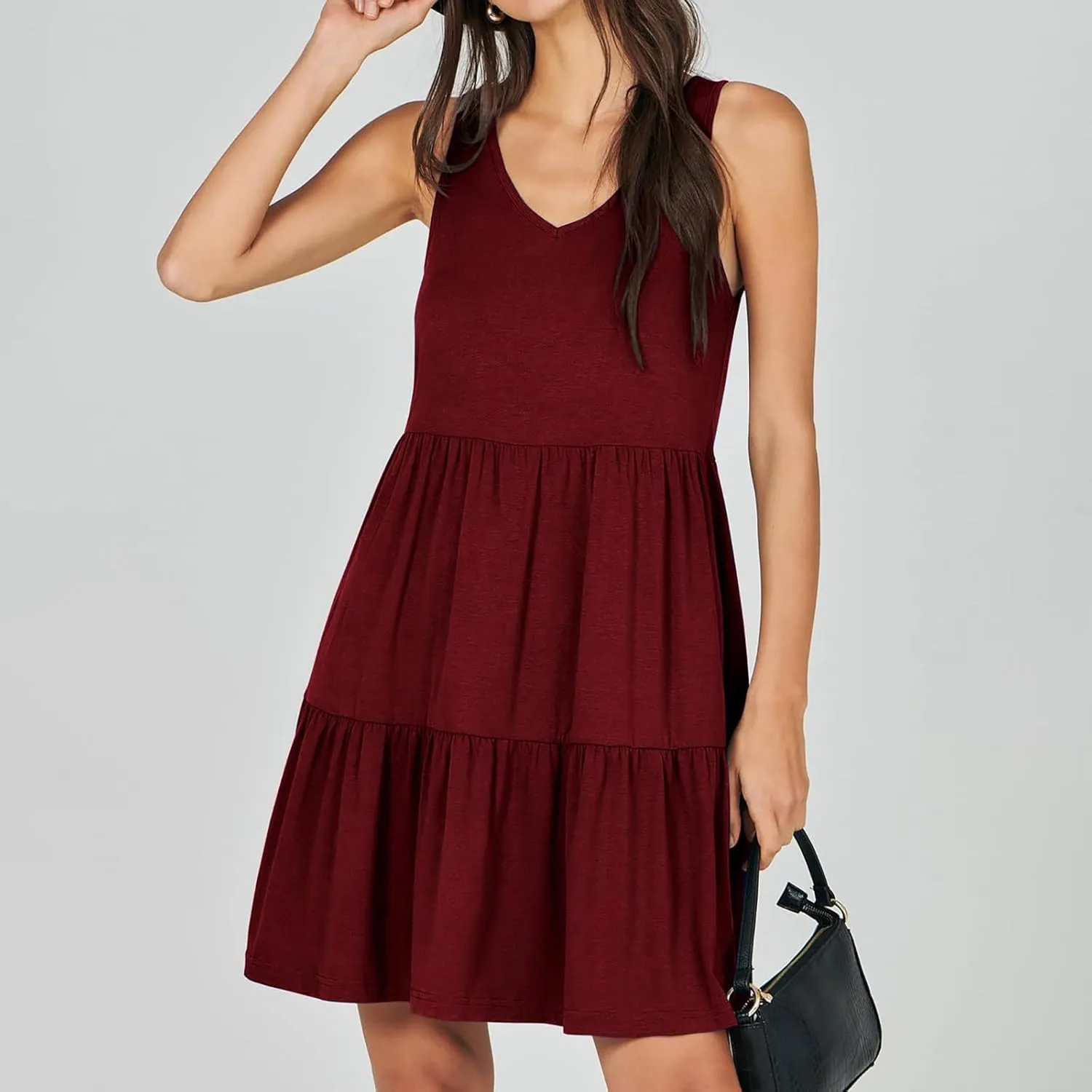 Women Classic Summer V-Neck Dress Solid Color Sleeveless Pleated A-Line High Waisted Beachwear Dresses with Pocket