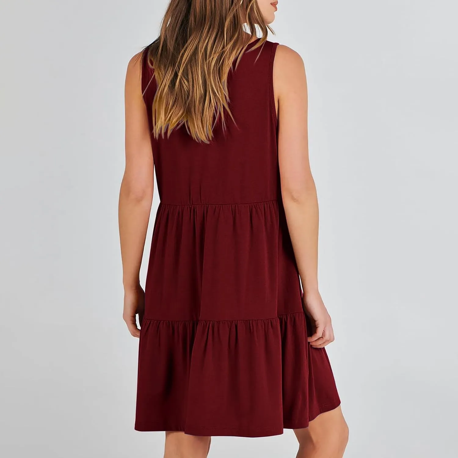 Women Classic Summer V-Neck Dress Solid Color Sleeveless Pleated A-Line High Waisted Beachwear Dresses with Pocket