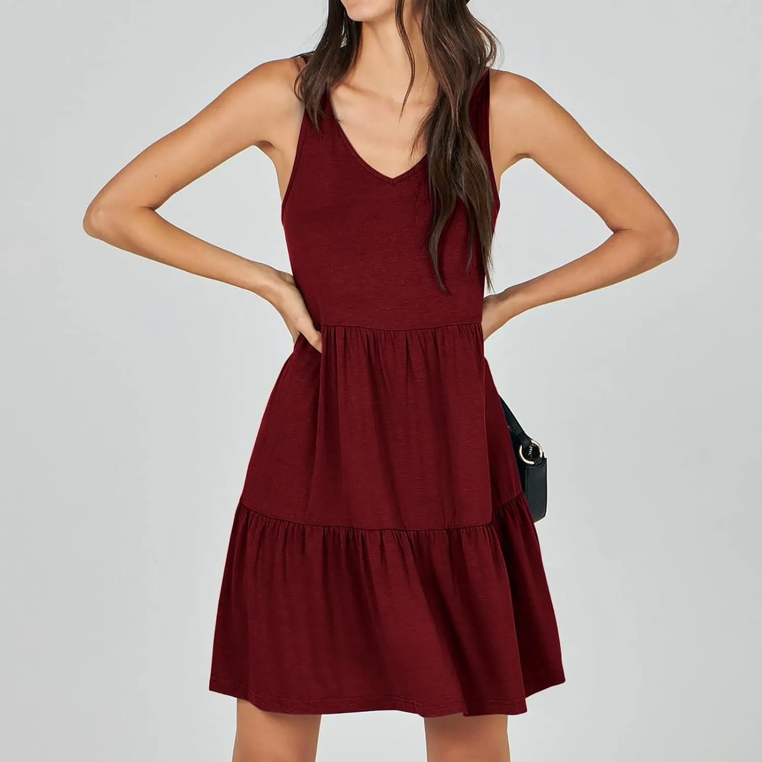 Women Classic Summer V-Neck Dress Solid Color Sleeveless Pleated A-Line High Waisted Beachwear Dresses with Pocket