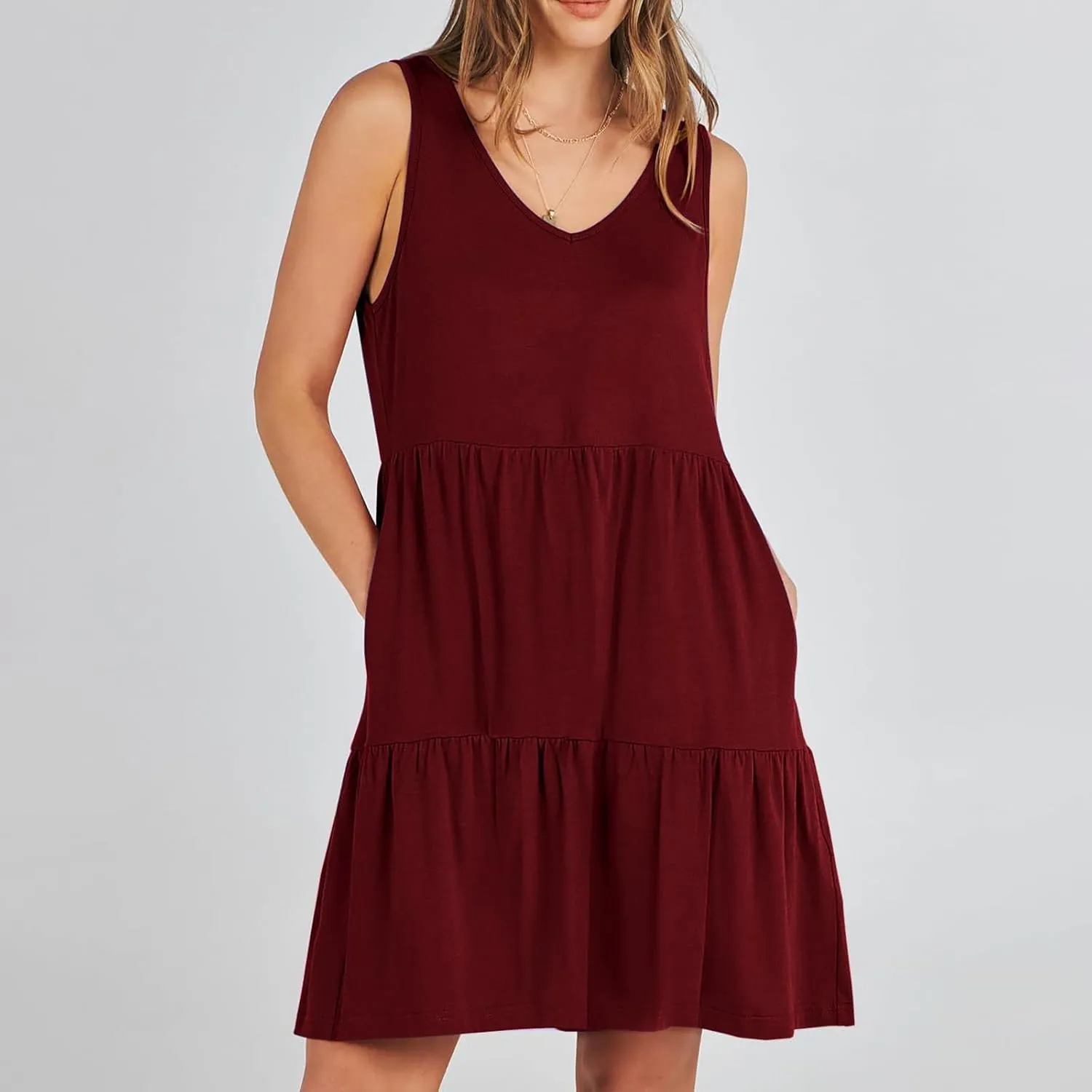 Women Classic Summer V-Neck Dress Solid Color Sleeveless Pleated A-Line High Waisted Beachwear Dresses with Pocket