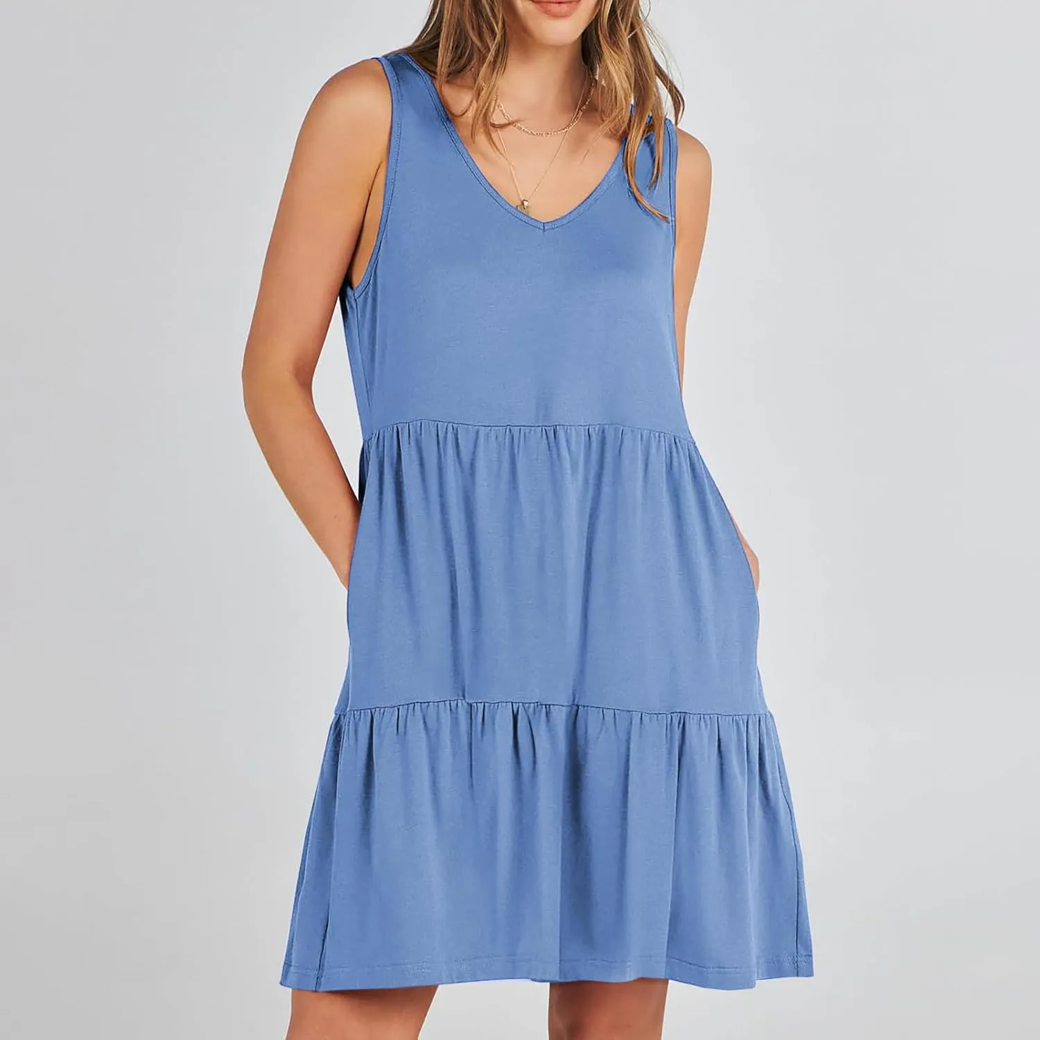 Women Classic Summer V-Neck Dress Solid Color Sleeveless Pleated A-Line High Waisted Beachwear Dresses with Pocket