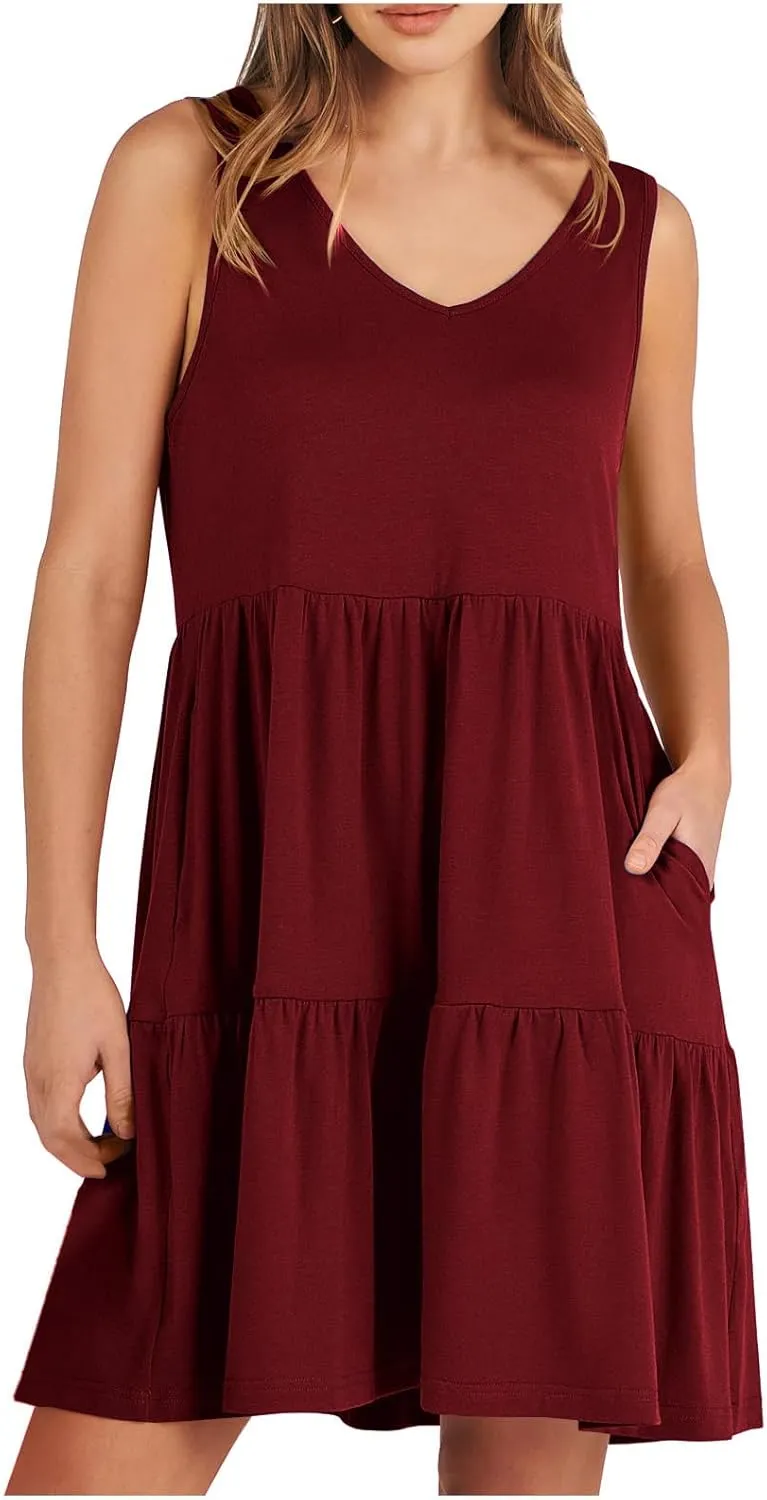 Women Classic Summer V-Neck Dress Solid Color Sleeveless Pleated A-Line High Waisted Beachwear Dresses with Pocket