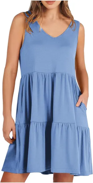 Women Classic Summer V-Neck Dress Solid Color Sleeveless Pleated A-Line High Waisted Beachwear Dresses with Pocket