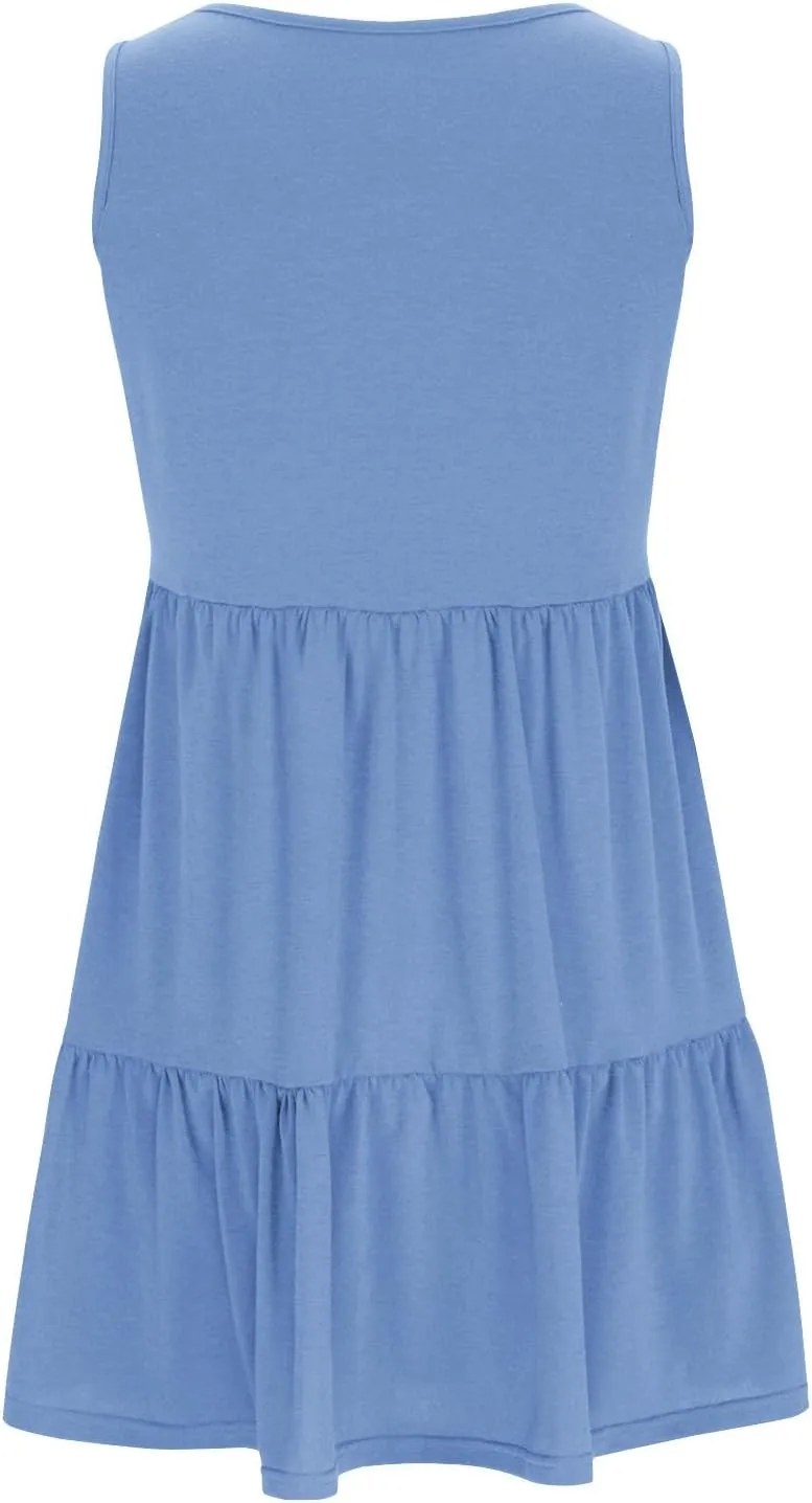 Women Classic Summer V-Neck Dress Solid Color Sleeveless Pleated A-Line High Waisted Beachwear Dresses with Pocket