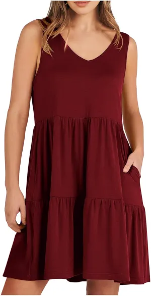Women Classic Summer V-Neck Dress Solid Color Sleeveless Pleated A-Line High Waisted Beachwear Dresses with Pocket