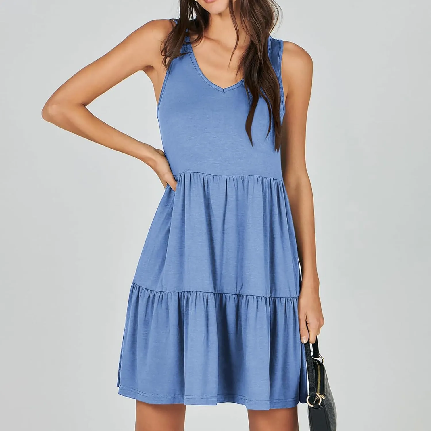 Women Classic Summer V-Neck Dress Solid Color Sleeveless Pleated A-Line High Waisted Beachwear Dresses with Pocket