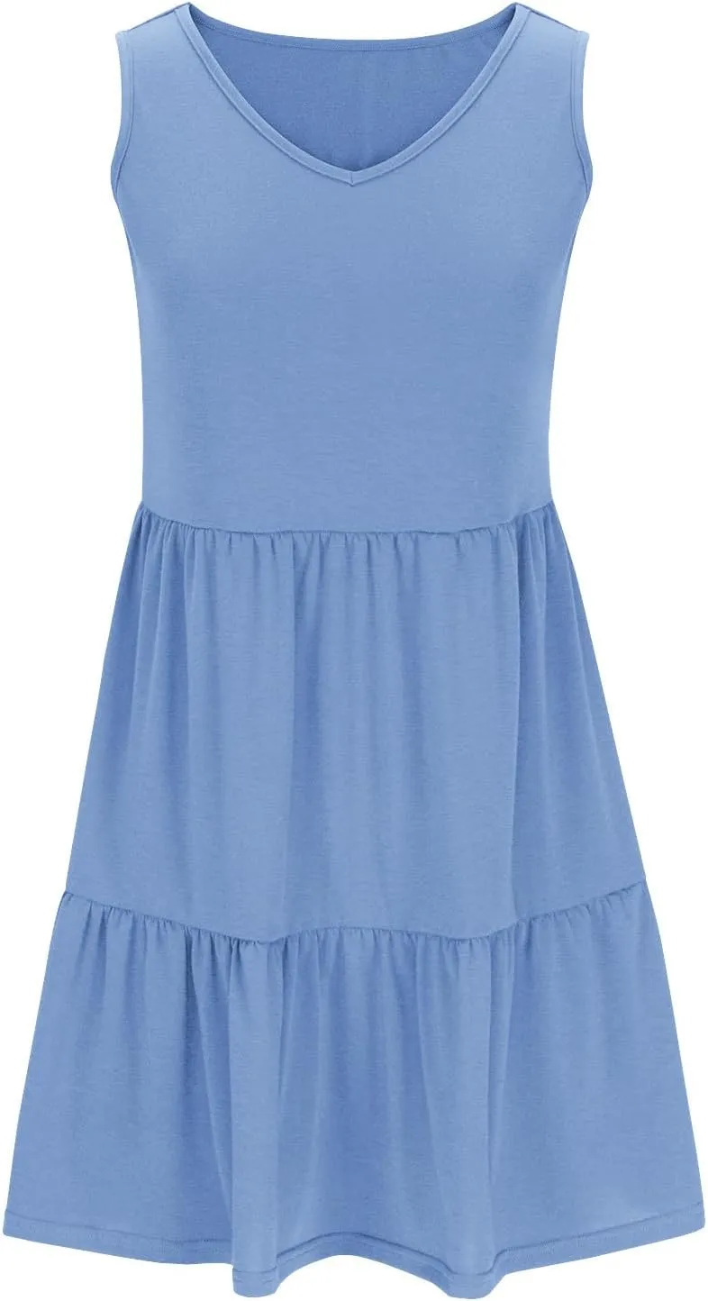 Women Classic Summer V-Neck Dress Solid Color Sleeveless Pleated A-Line High Waisted Beachwear Dresses with Pocket