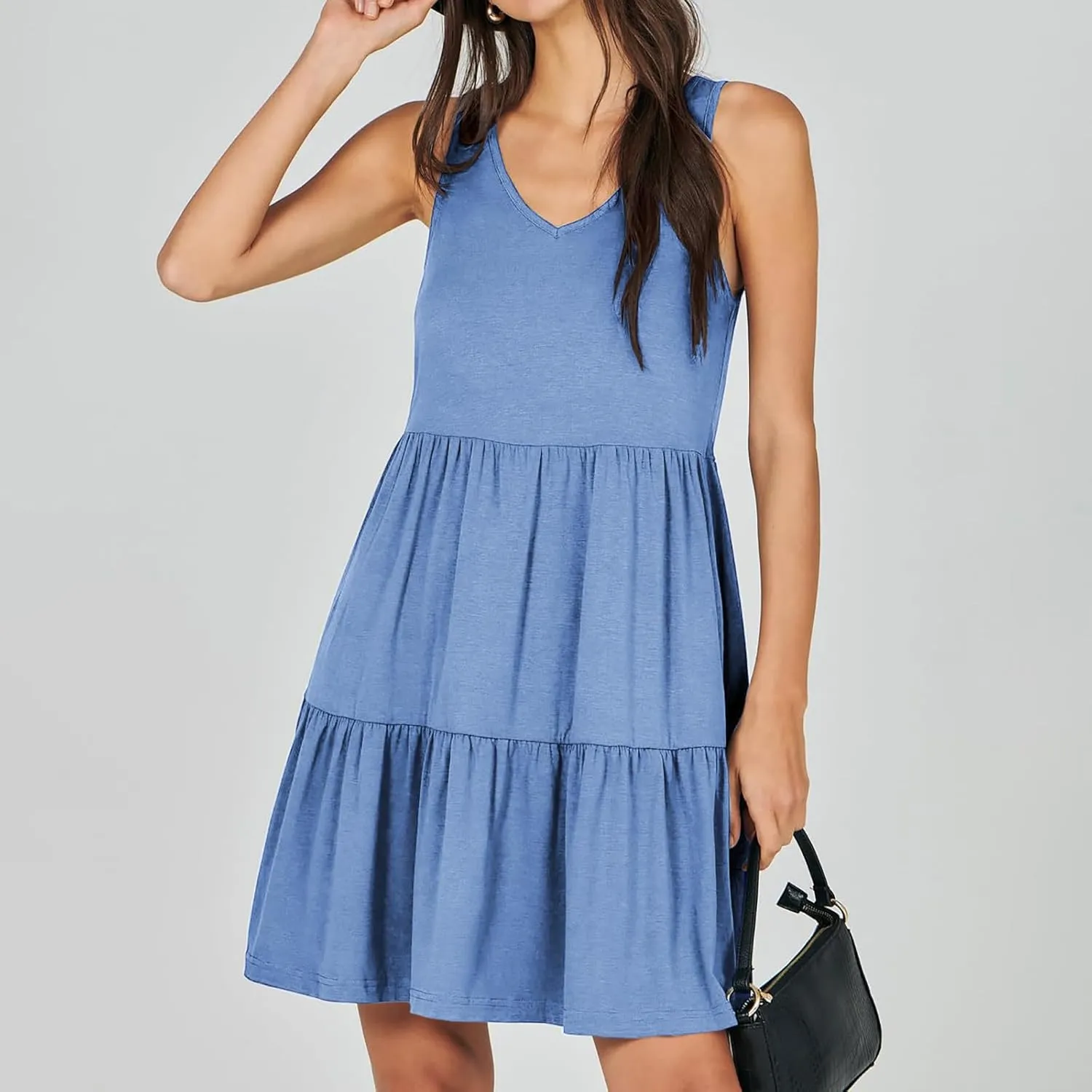 Women Classic Summer V-Neck Dress Solid Color Sleeveless Pleated A-Line High Waisted Beachwear Dresses with Pocket