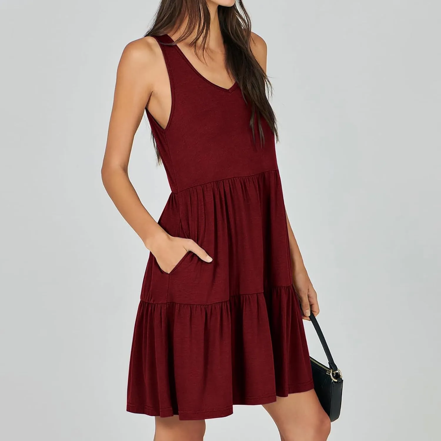 Women Classic Summer V-Neck Dress Solid Color Sleeveless Pleated A-Line High Waisted Beachwear Dresses with Pocket