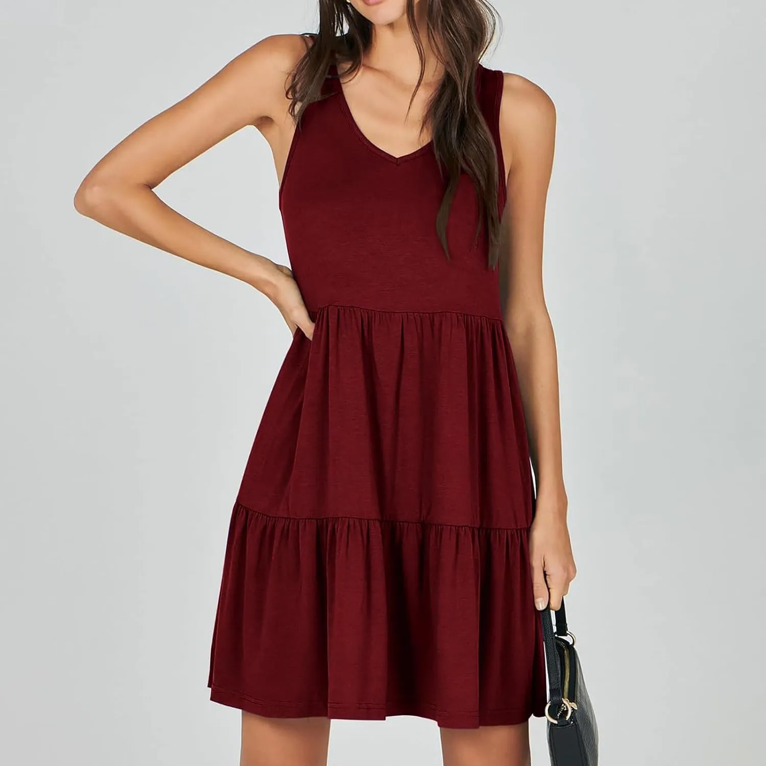 Women Classic Summer V-Neck Dress Solid Color Sleeveless Pleated A-Line High Waisted Beachwear Dresses with Pocket