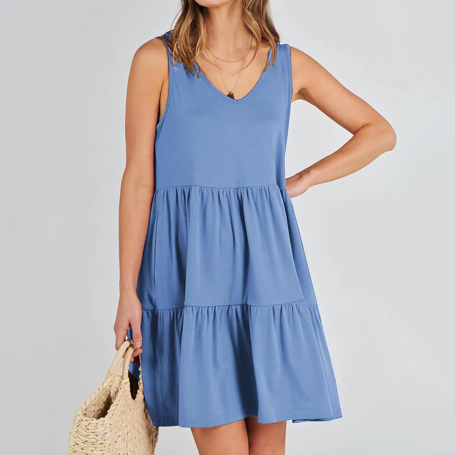 Women Classic Summer V-Neck Dress Solid Color Sleeveless Pleated A-Line High Waisted Beachwear Dresses with Pocket