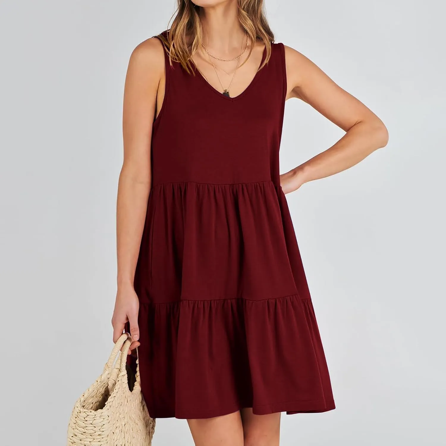 Women Classic Summer V-Neck Dress Solid Color Sleeveless Pleated A-Line High Waisted Beachwear Dresses with Pocket