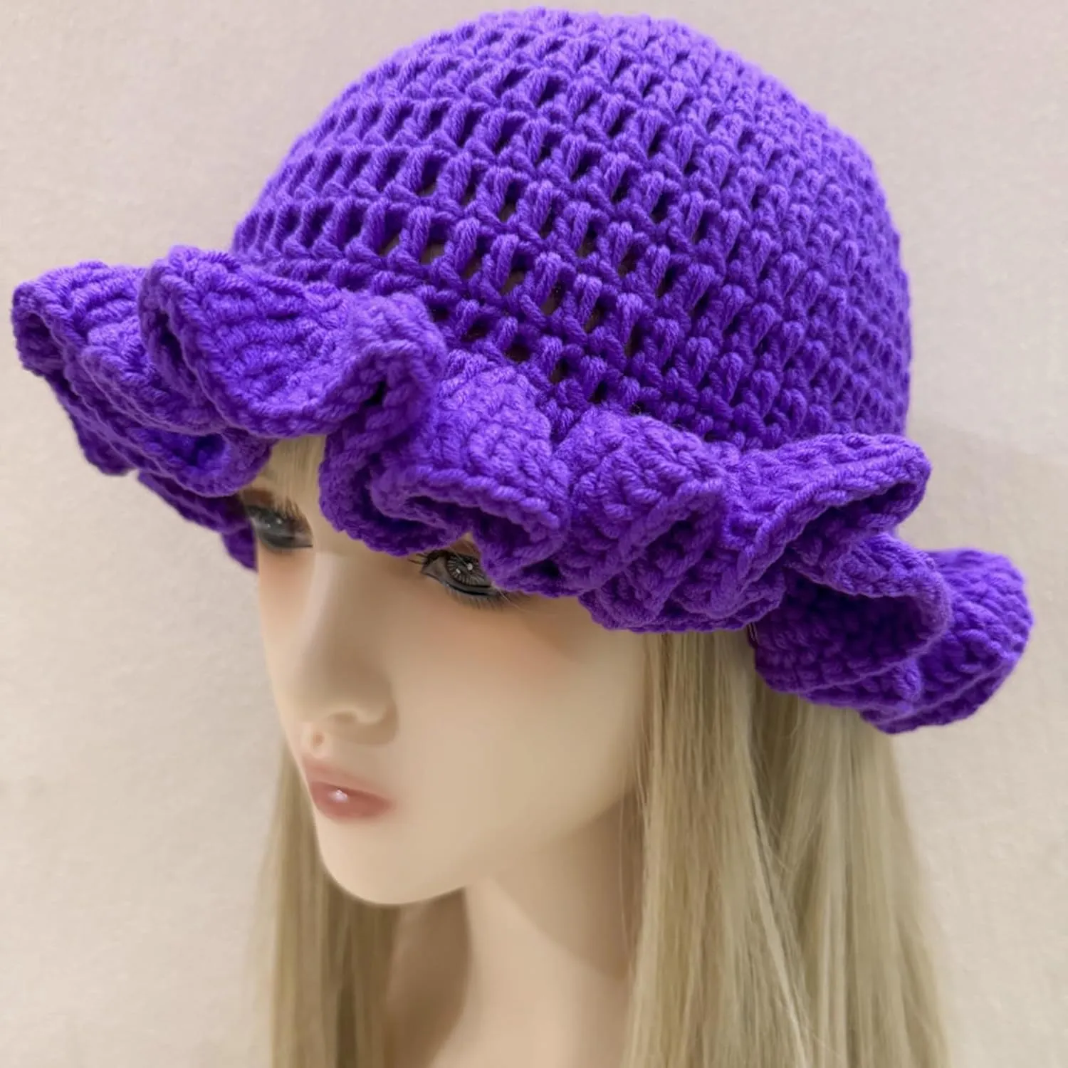 Women Crochet Bucket Hat Cute Winter Ruffled Brim Floppy Cap Handmade Knit Cloche Hats