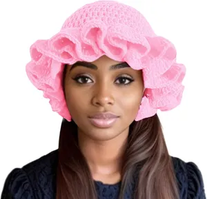 Women Crochet Bucket Hat Cute Winter Ruffled Brim Floppy Cap Handmade Knit Cloche Hats
