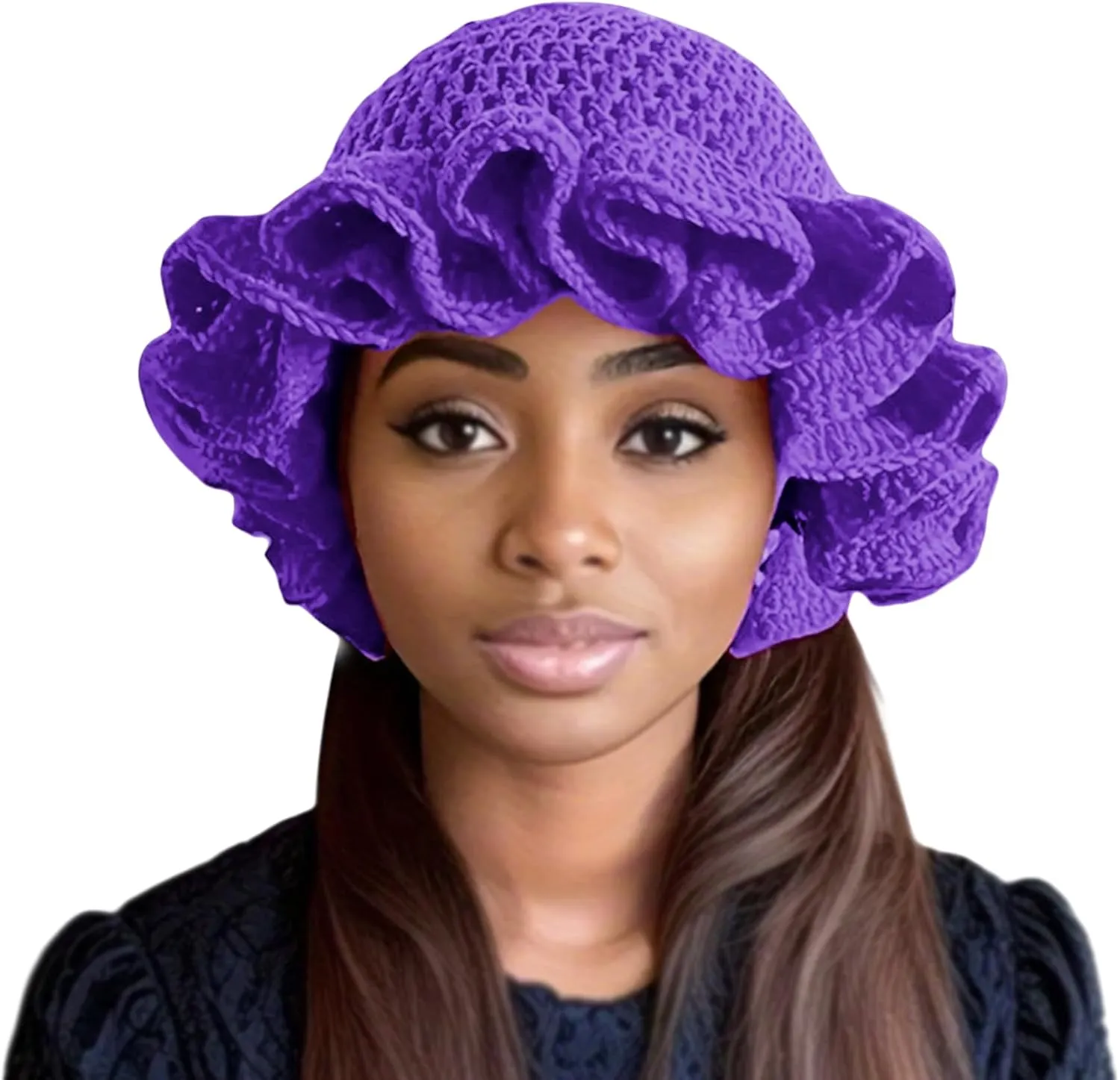 Women Crochet Bucket Hat Cute Winter Ruffled Brim Floppy Cap Handmade Knit Cloche Hats