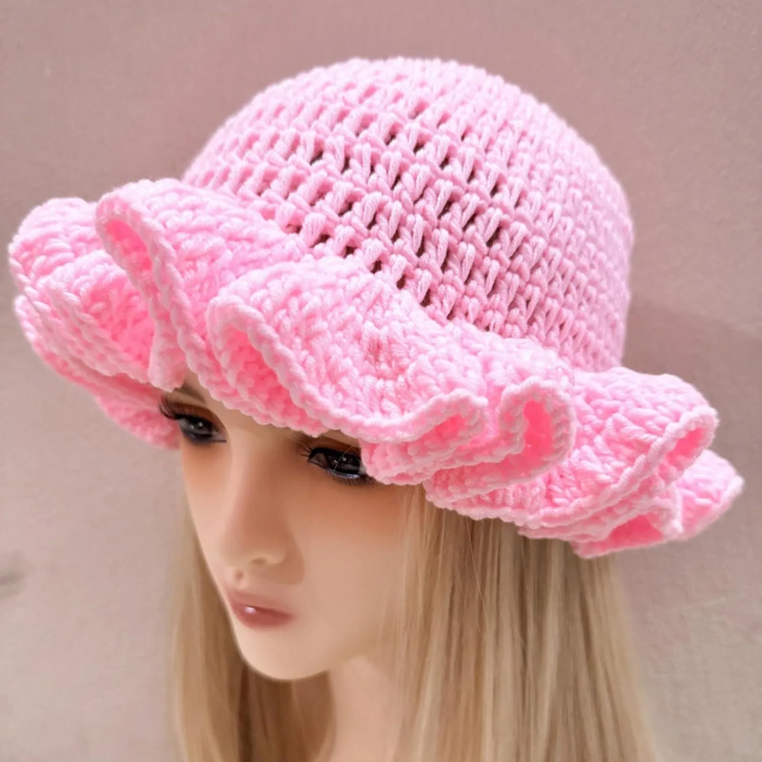 Women Crochet Bucket Hat Cute Winter Ruffled Brim Floppy Cap Handmade Knit Cloche Hats