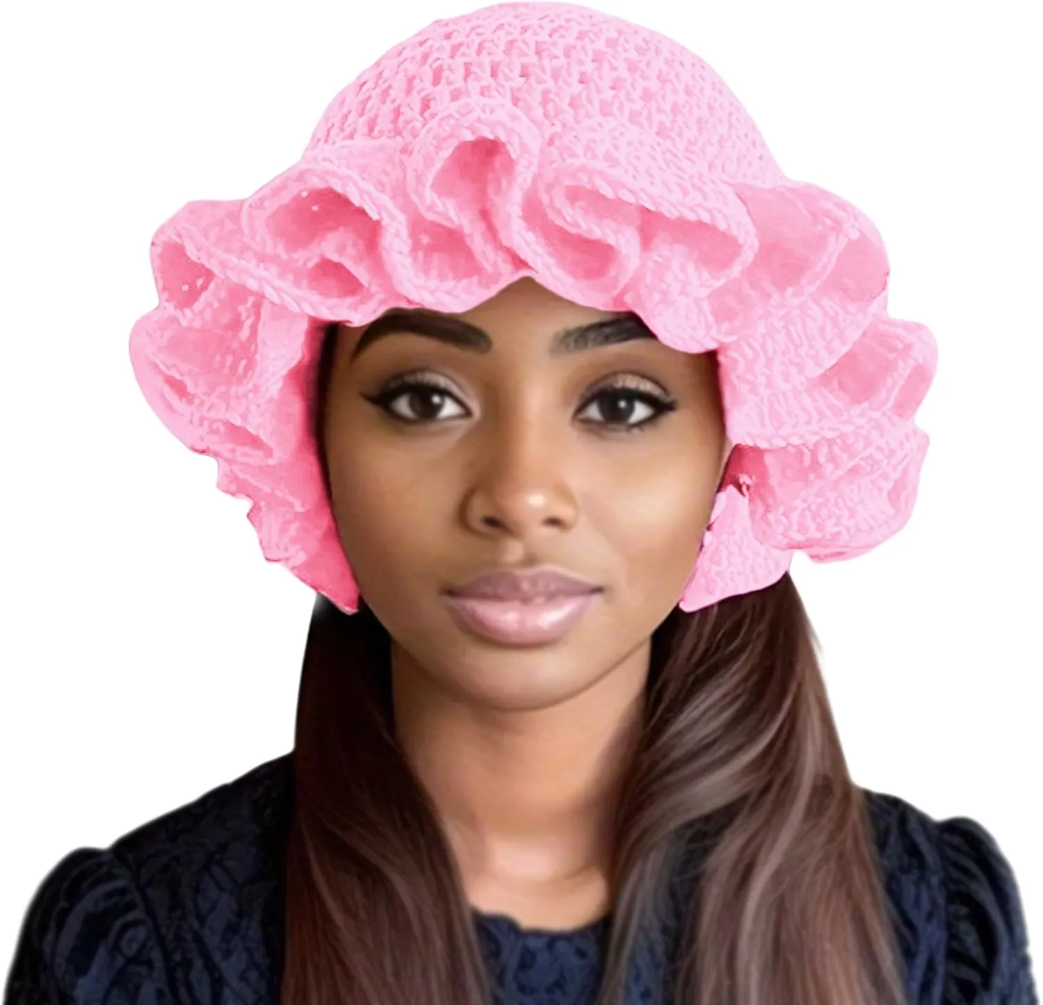 Women Crochet Bucket Hat Cute Winter Ruffled Brim Floppy Cap Handmade Knit Cloche Hats